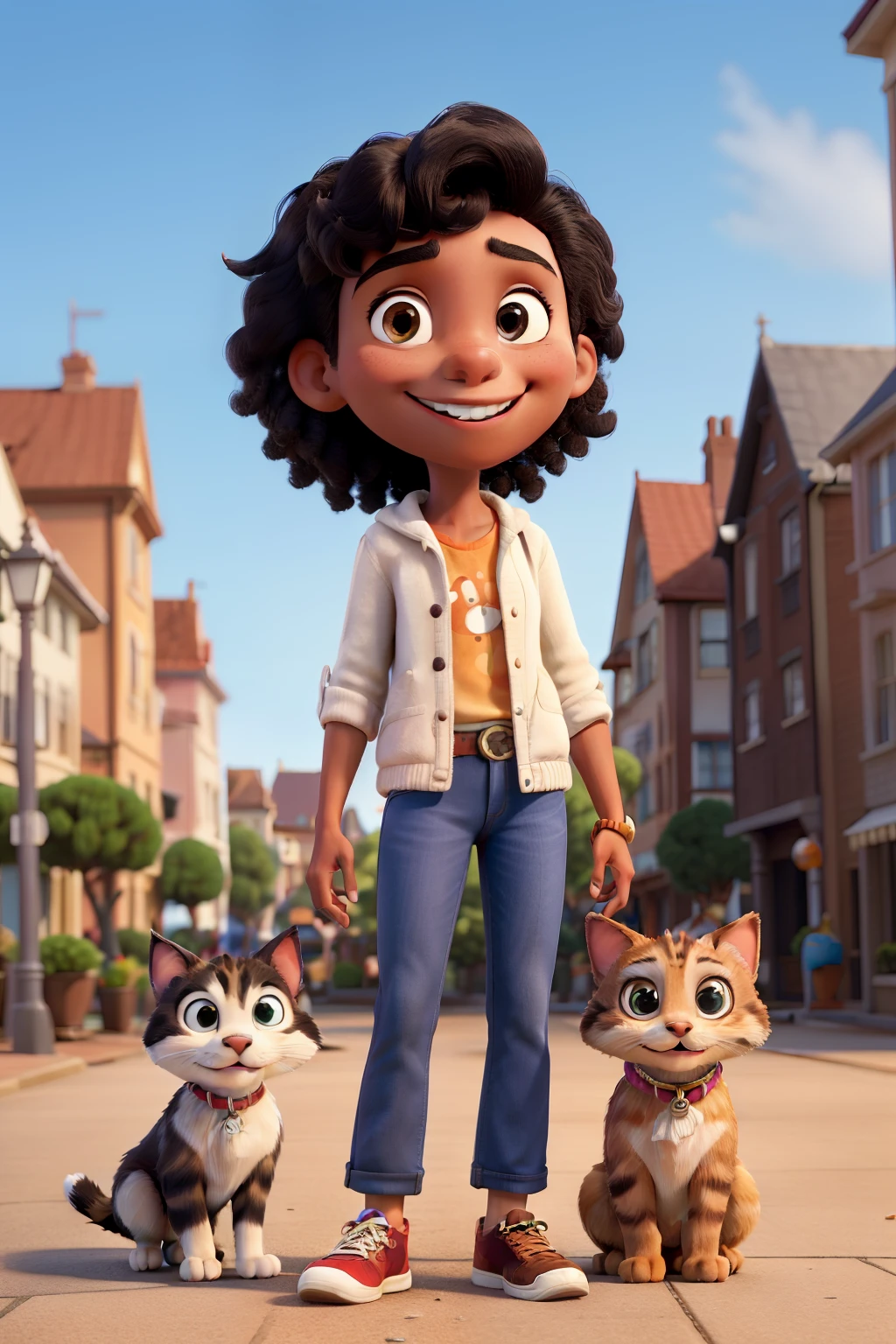 Take a photo, estilo Disney/Pixar. the character is a young person aged 25 with a dark complexion, sorrindo com cabelo cacheado, is with a dog and a cat in a big city, your clothes are modern outfit style