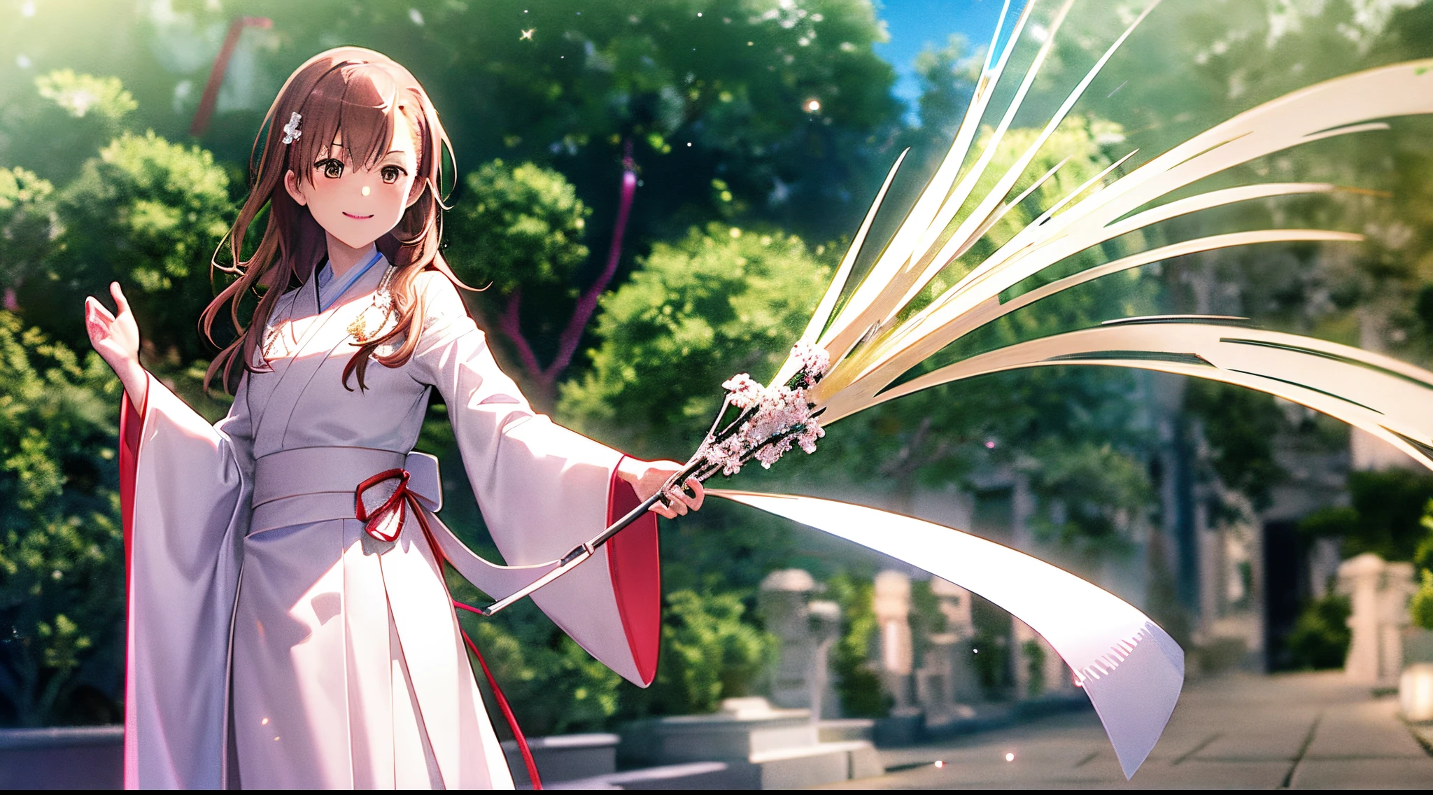 Misaka mikoto, 1girl, teen girl, kawaii, solo, chestnut hair, hairpin,brown eyes, standing, looking at viewer,smile,ethereal white robe,praying beads on neck, long skirt,cobblestone streets flowers fields in athens temple in background,anime style,deep depth of field,wide angle view,Lumen Reflections,Screen Space Reflections,Diffraction Grading,Chromatic Aberration,GB Displacement,Scan Lines,Ray Traced,Anti-Aliasing,FXAA,TXAA,RTX,SSAO,Shaders,OpenGL-Shaders,GLSL-Shaders,Post Processing,Post-Production,cell Shading,Tone Mapping,CGI,VFX,SFX,insanely detailed and intricate, 4K