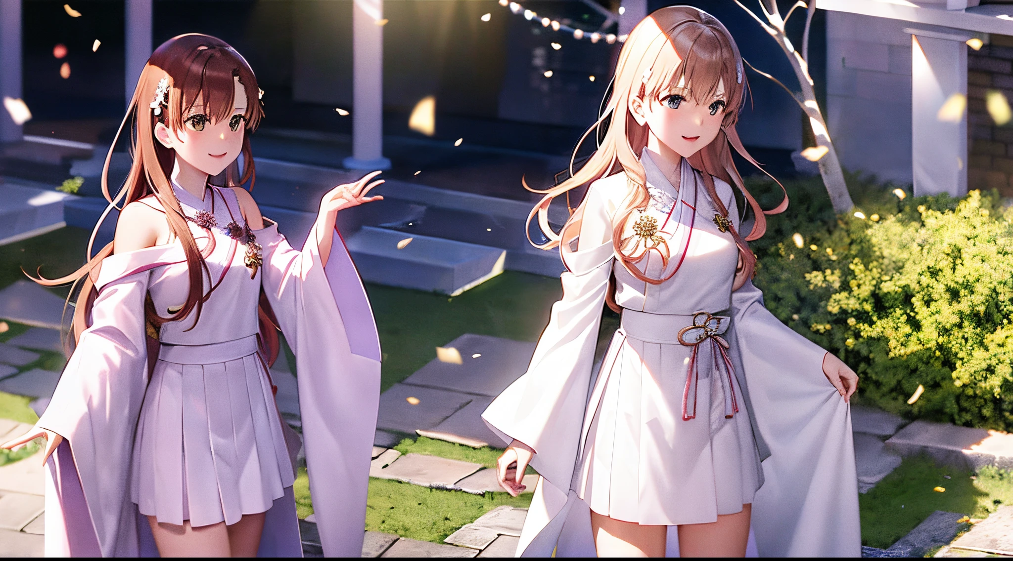 Misaka mikoto, 1girl, teen girl, kawaii, solo, chestnut hair, hairpin,brown eyes, standing, looking at viewer,smile,ethereal white robe,praying beads on neck, long skirt,cobblestone streets flowers fields in athens temple in background,anime style,deep depth of field,wide angle view,Lumen Reflections,Screen Space Reflections,Diffraction Grading,Chromatic Aberration,GB Displacement,Scan Lines,Ray Traced,Anti-Aliasing,FXAA,TXAA,RTX,SSAO,Shaders,OpenGL-Shaders,GLSL-Shaders,Post Processing,Post-Production,cell Shading,Tone Mapping,CGI,VFX,SFX,insanely detailed and intricate, 4K