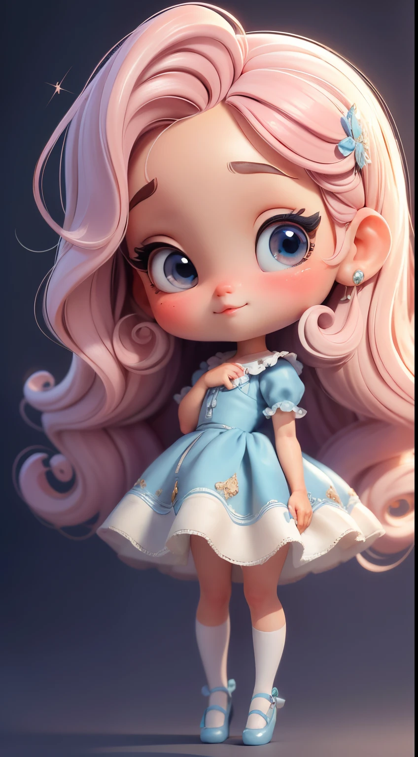 Create a series of cute baby style chibi dolls with a cute ballerina theme, each with lots of detail and in an 8K resolution. All dolls should follow the same solid background pattern and be complete in the image, mostrando o (corpo inteiro, incluindo as pernas: 1.5)
Boneca Camponesa: Chame-a de Mia. Ela deve ter cabelos ondulados. Seus olhos devem ser grandes e curiosos, with long eyelashes and slightly pinkish cheeks. Mia should be dressed in a delicate velvet blue ballerina dress with ballerina shoes. She should hold delicate and thin accessories. Add details like sparkles and ruffles to the dress to make it even more charming, sapato bonito
Certifique-se de adicionar sombras, texturas e detalhes nos cabelos, roupas, Beautiful utensils, to make them even more adorable and charming.