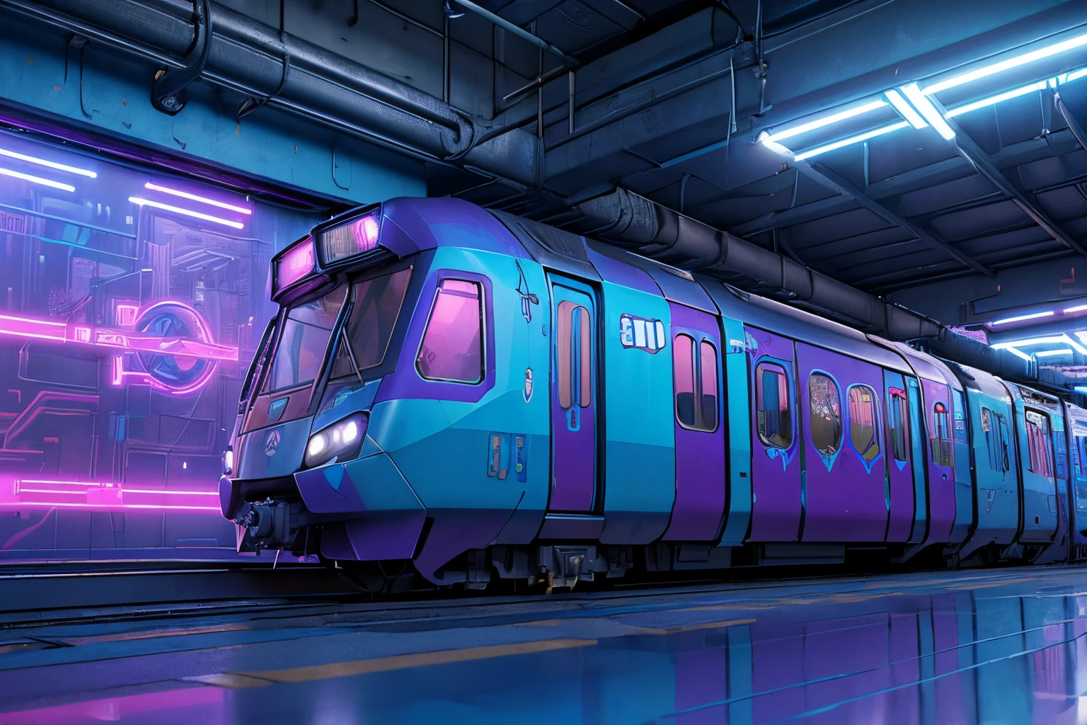 Cyberpunk style train image, Blue and purple neon signage，Abstract graffiti on the train, in jungle，trains,(1 girl:1.4), luring,(8K, Award-winning, Best quality, A high resolution, high detal, Anatomically correct, ctextured skin, 1 girl:1.3),(trains:1.3)Fly with high technology