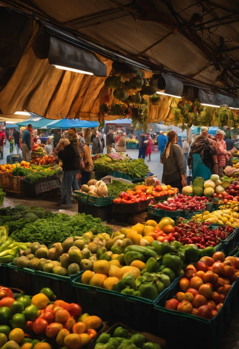 A photo of a colorful farmers market bustling with people and fresh produce,original,99