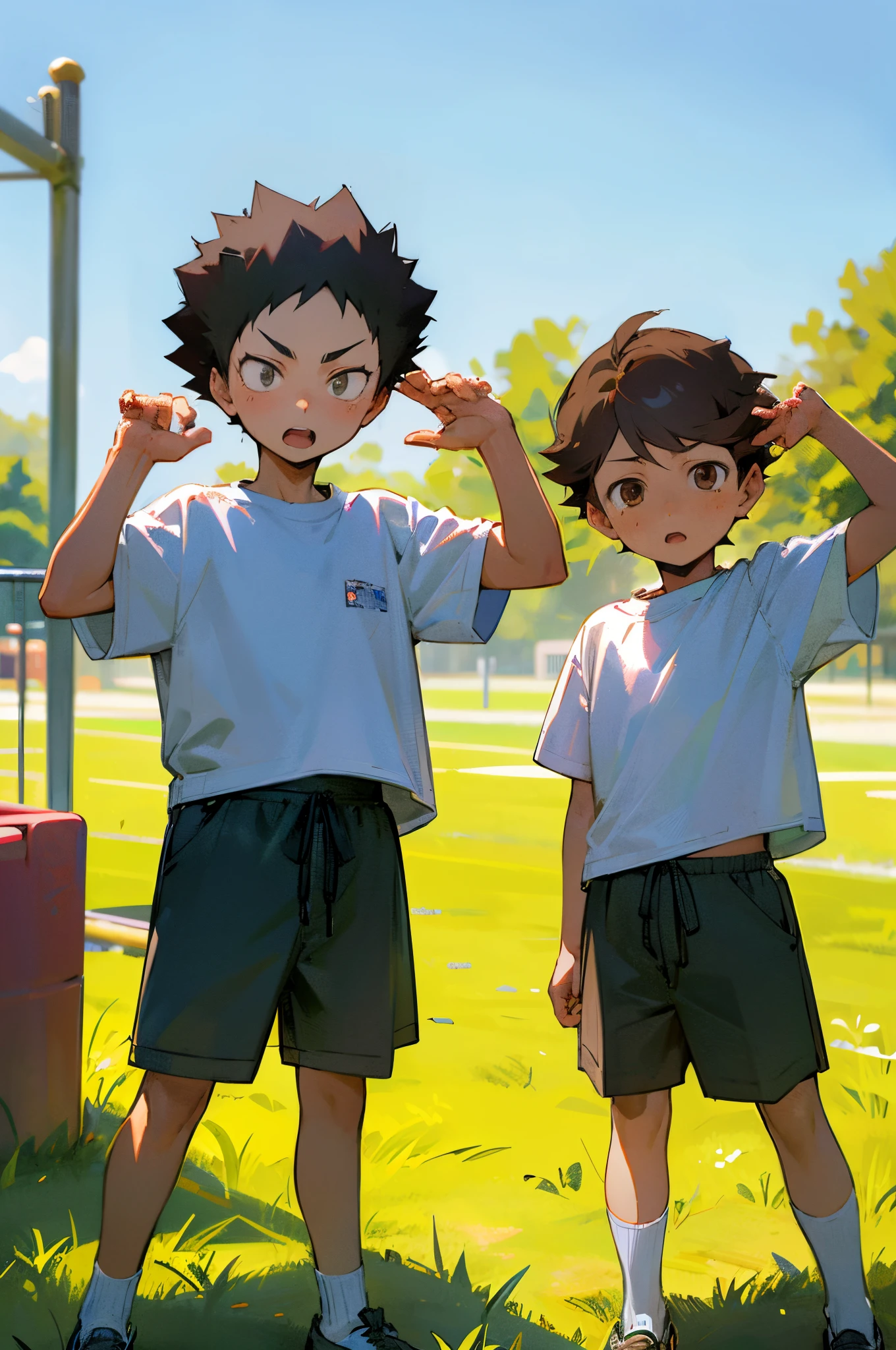 2 , perfect detailed faces, 5 year oldooking at viewer, white t shirt, shorts, standing in grass in playground, sunny day, dirty,iwaizumi, black hair, spiky hair