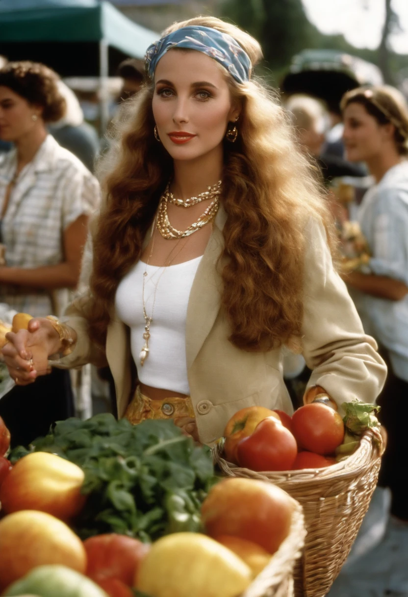 A photo of Cher at a local farmers' market, sampling fresh fruits and vegetables,Clueless,Cher Horowitz, the protagonist of the film “Clueless,” is a quintessential 1990s fashion icon, played by Alicia Silverstone. She is often depicted in stylish, trend-setting outfits that epitomize the high fashion of Beverly Hills teens in the 90s. Her wardrobe is full of bright colors, plaid patterns, and designer labels, accessorized with headbands, knee-high socks, and platform shoes. Cher’s blonde hair and polished makeup contribute to her look as a fashionable and popular high school student. Her appearance is not just a reflection of her status but also an extension of her confident and outgoing personality.