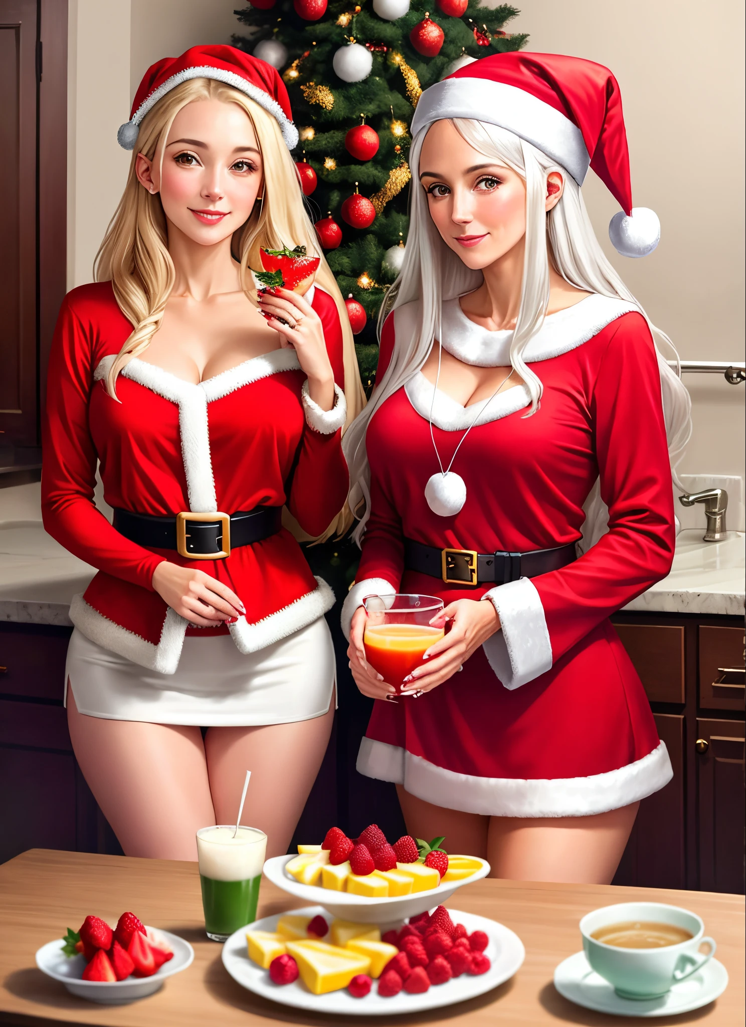 Santa and Mrs Claus, enjoying a healthy breakfast of fruit and yoghurt, dressed in red and white clothing