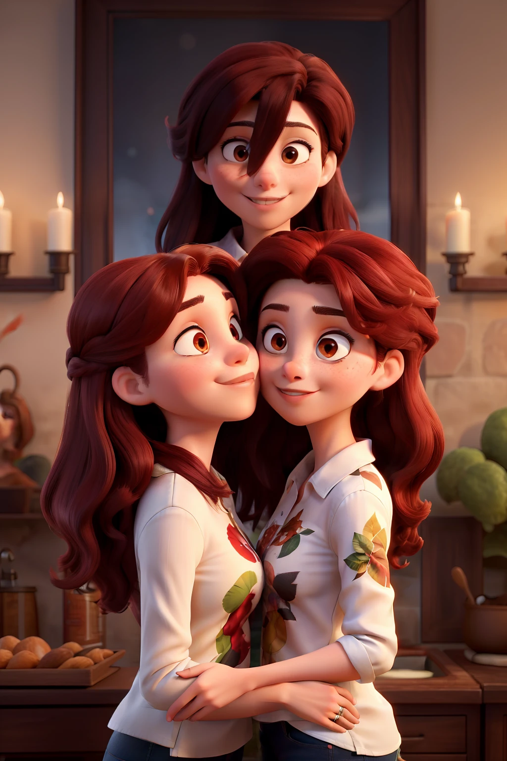 masterpiece, best quality, two women couple, one with a wolfcut dark red haircut is kissing the other woman with straight long hair on her left cheek, in a landscape selfie picture, both are wearing white printed shirts, picture taken with flash on, the girl kissing the other squishes the latter's face