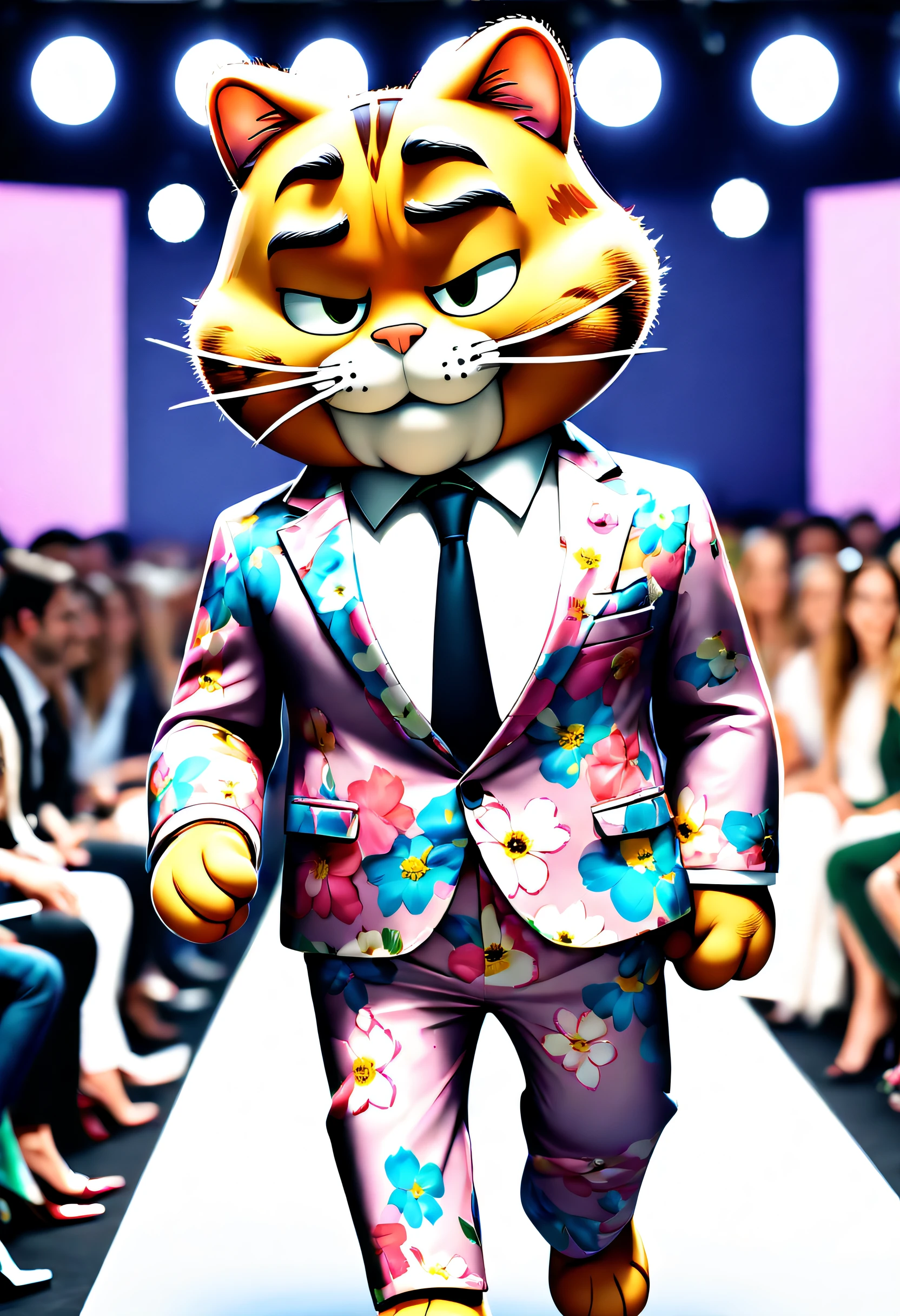 tmasterpiece， Best quality at best， （VerydetailedCG），（8k wallpaper）， （Best quality at best）， （Best Best Illustration），（Garfield wears floral suit,Floral pants and tie at fashion show），