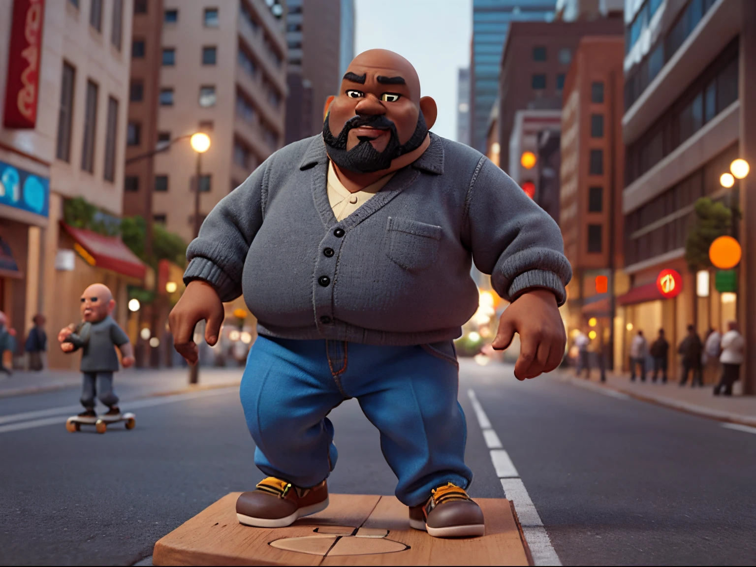 A 60 years black overweight old man claymation character, bald with a grey beard, realistic texture, tiltshift, skateboarding on a busy street of a big city, 3d render