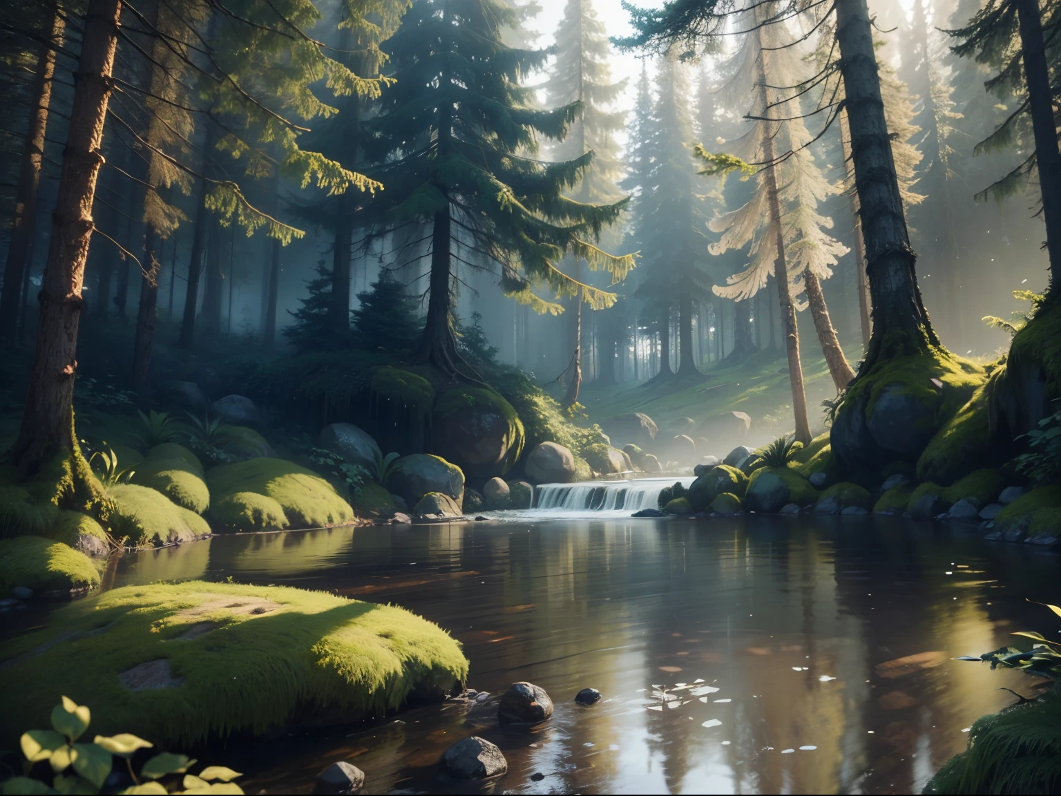 forest water hyper realistic render, Detailed scenery