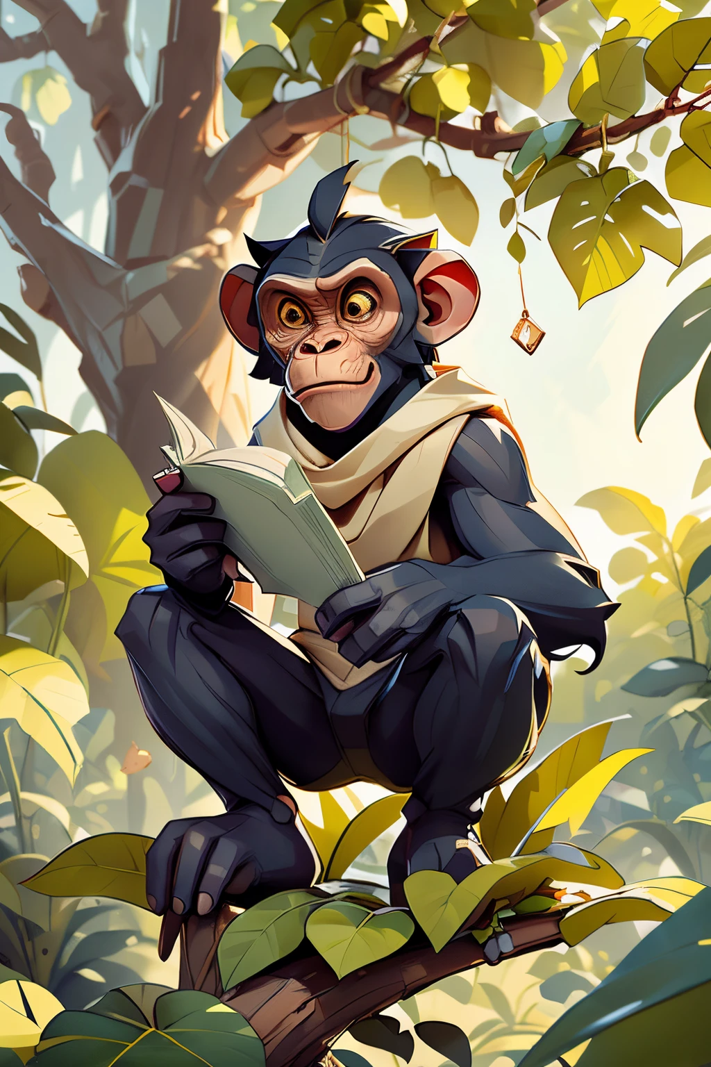 Recreate the image of a young, thin chimpanzee, holding a book in his hand, in a tree. in the style of the civilized apes from the film Planet of the Apes