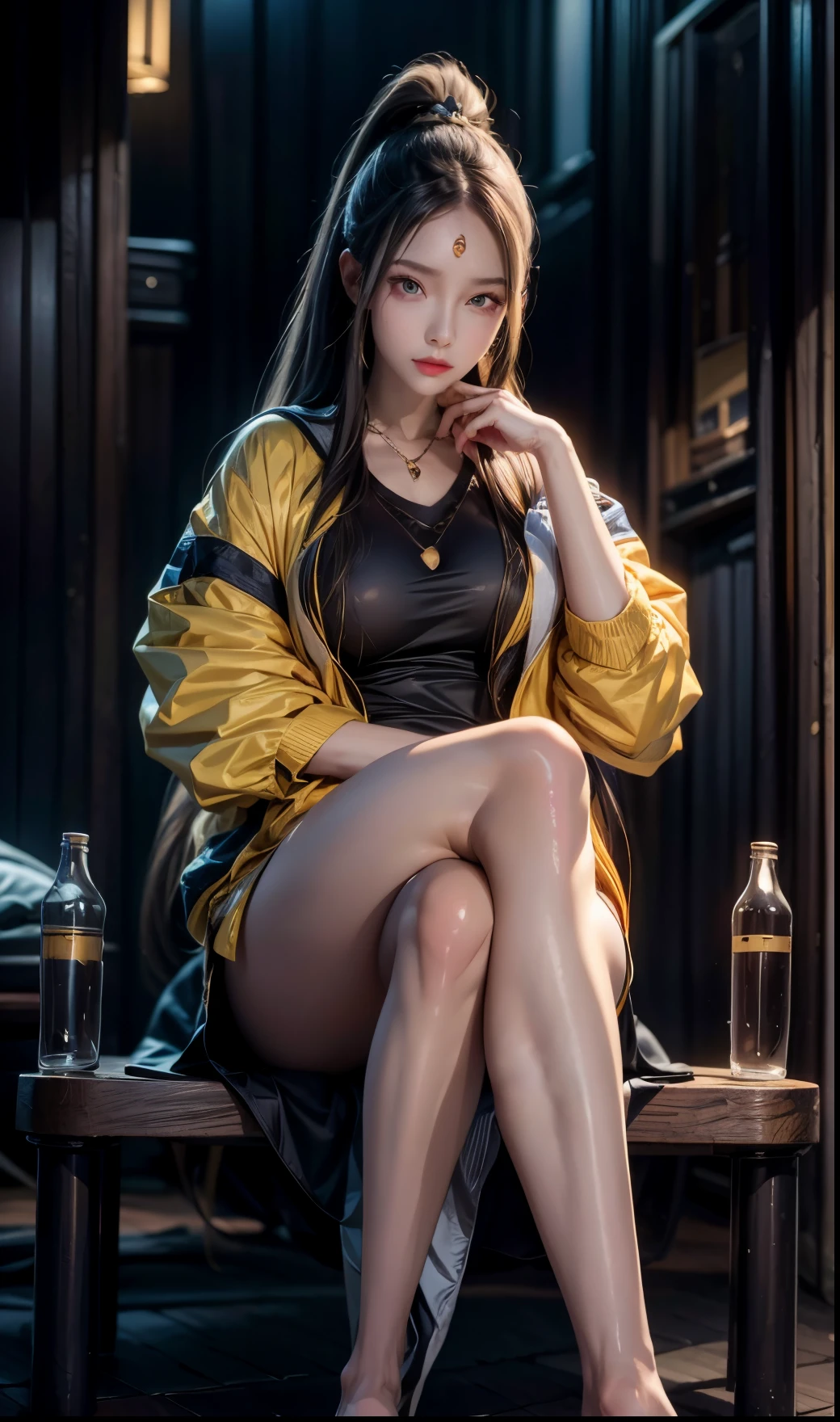 realistic, 1girls, best quality, 12k, HD, long hair, big round breasts, cleavage, ponytail, necklace, jewelry, shorts, short jacket, slim hips, hair tie, yellow eyes, black hair, super detailed, Detail eyes, hair details, person details, mouth details, face details, breast details, clothes details, hair details, pants details, hand details, whole body