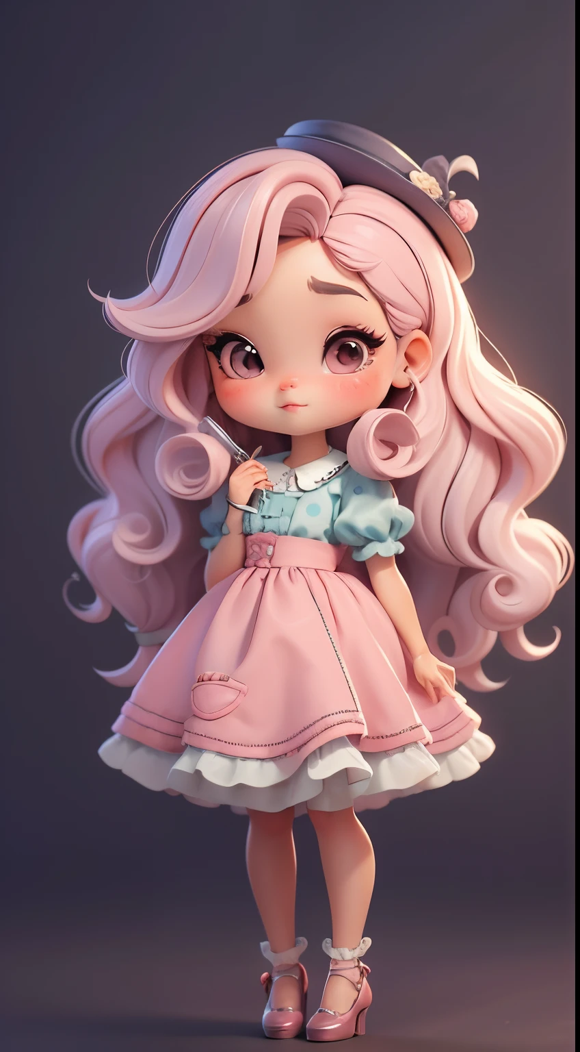 Create a series of chibi style dolls with a cute vintage chic theme, each with lots of detail and in an 8K resolution. All dolls should follow the same solid background pattern and be complete in the image, mostrando o (corpo inteiro, incluindo as pernas: 1.5)
Boneca Aprendiz de Bruxa: Chame-a de Mia. She must have medium wavy pastel hair. Seus olhos devem ser grandes e curiosos, with long eyelashes and slightly pinkish cheeks. Mia should be dressed in a colorful dress and a polka-dot blouse and a delicate and beautiful hat. She should hold delicate and thin accessories. Add details like pockets and ruffles to the apron to make it even more charming, sapato bonito
Certifique-se de adicionar sombras, texturas e detalhes nos cabelos, roupas, Cute Halloween utensils, to make them even more adorable and charming.
