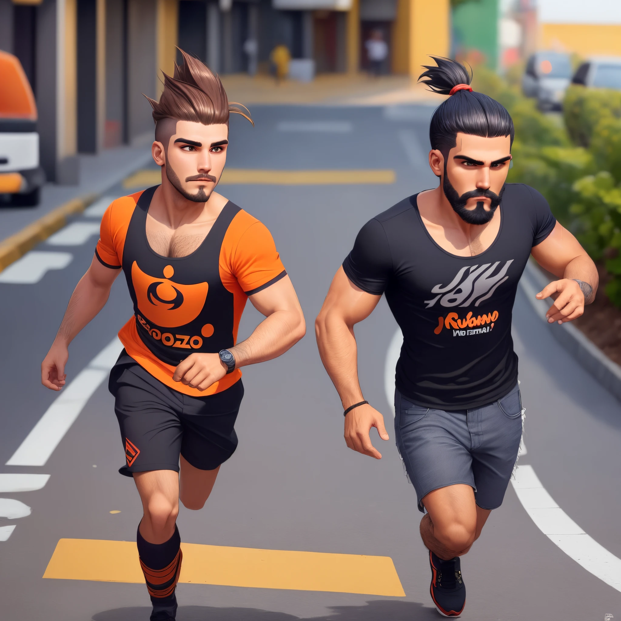 Rapaz, moreno claro, cabelo preto, bem cortado, pouca barba, correndo na rua, com camisa laranja, no estilo pixar, alta qualidade
