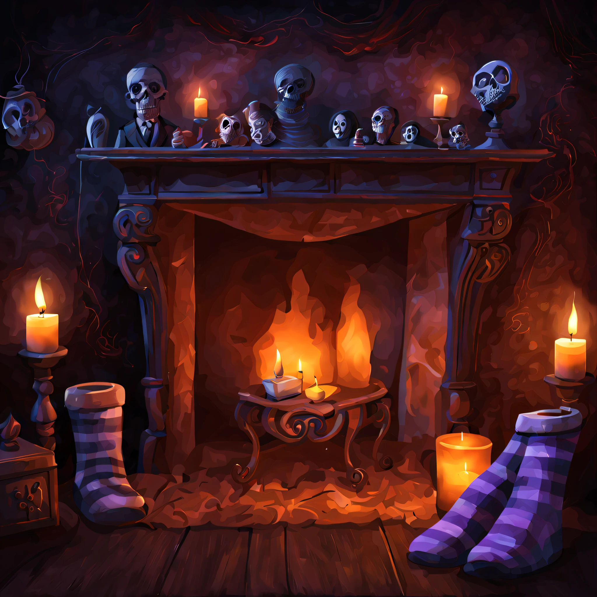 haunted mansion background: creepy, new year, fireplace, sock over fireplace, holiday covered with cobwebs, flickering candles, ghostly phenomena, secret passages, creepy portraits., v3rd, flatee,