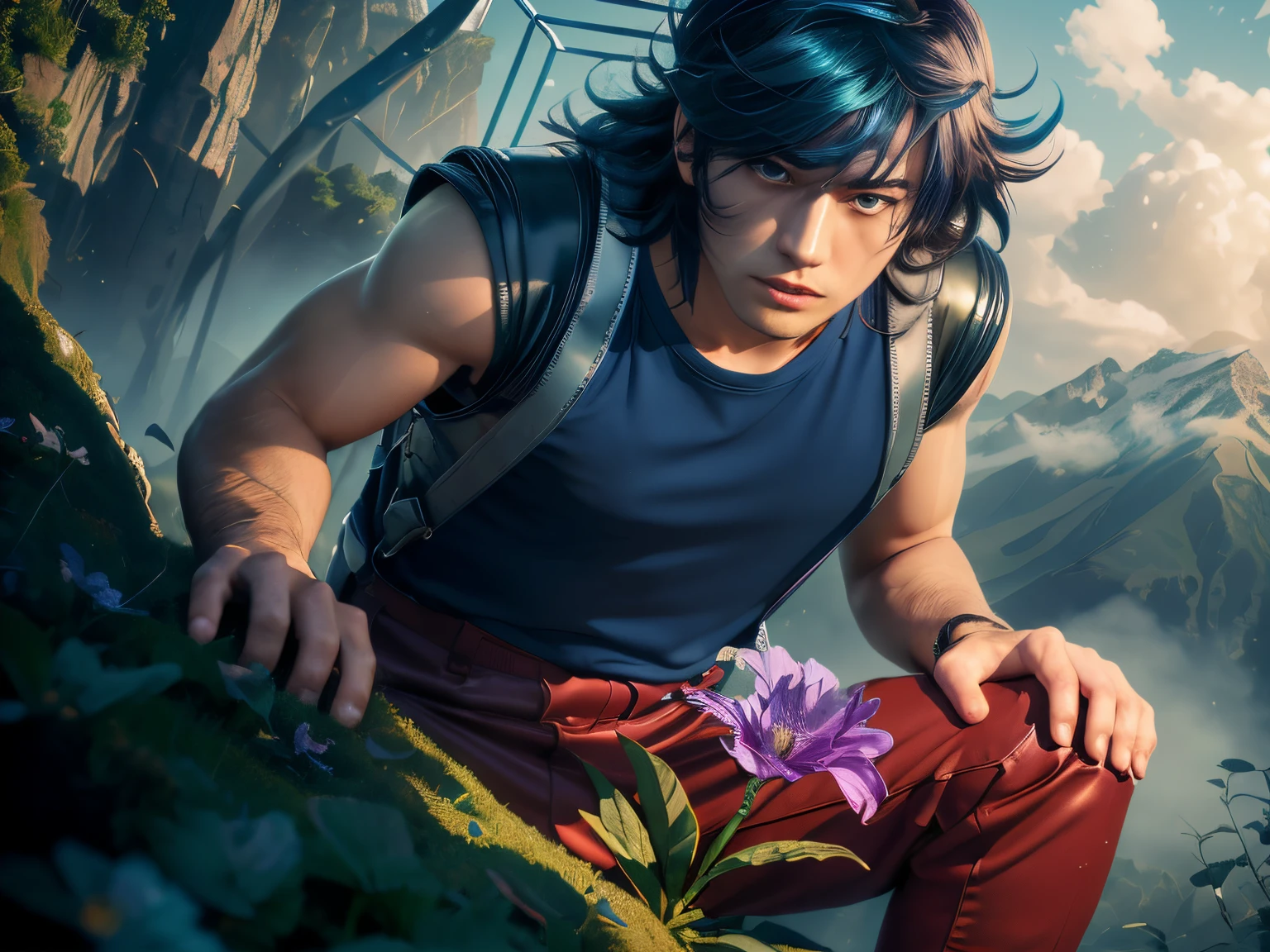 Rocha(masterpiece), (realistic), close up, (male) of 20 years old, asian (1boy), solo, slightly low view, looking to the flower, looking down, on one knee, ((handsome man), ((strong face)), ((serious face)), ((pretty big blue eyes)), ((perfect blue eyes)), (closed lips), short messy blue hair, ((bangs)), hair blowing in the air, (((beardless))), masculine blue t-shirt, red pants, leather shoulder straps, (((metallic Chrome box on his back))), ((metallic silver box)), looking a ((purple flower in the soil)) (first plain), (stem and green leaves), looking the flower, mountains surrounded by mists background, cinematic lighting.