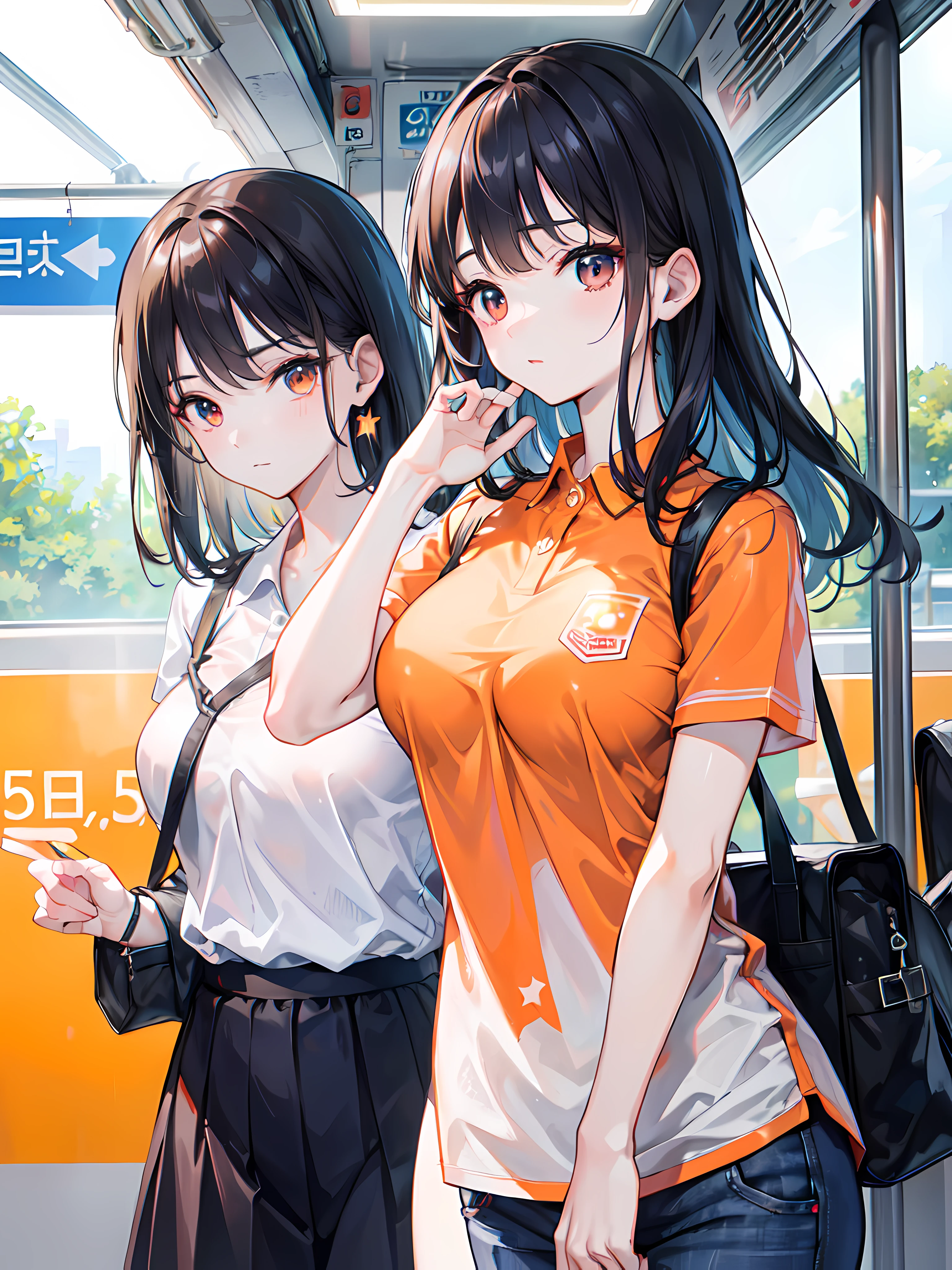 realistic photos of (1 cute Korean star) flipped hair, thin makeup, medium breasts size, orange polo shirt, at the train station, clear facial features of Canon EOS, 16k, high resolution, sharp and realistic details, overexposure, cut-in, UHD, highres, best quality
