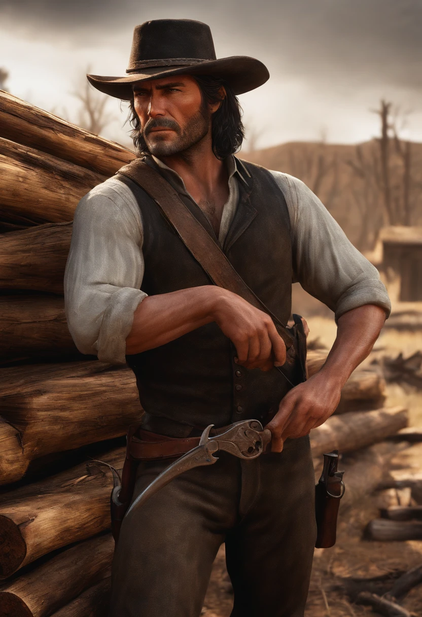 A picture of John gathering firewood and stacking it near the house.,Red Dead Redemption,A man with shoulder-length black hair he has swept back. Black stubble. Mid-thirties. Half of his face has claw mark scars.