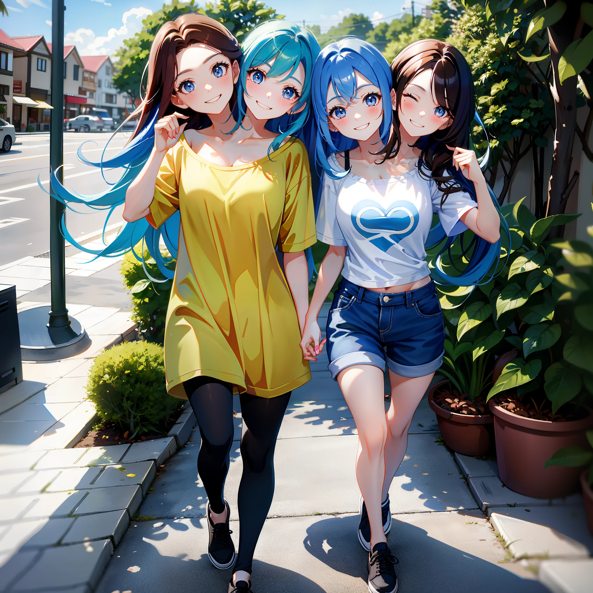 (masterpiece, best quality), best resolution, two people standing next to each other, couple pose, (1girl with 2heads and 1girl with 2heads: 1.5), (1girl has brown hair and blue eyes:1.3), (1girl has blue hair and brown eyes:1.3), eyes closed for left girl head, casual clothes, different fashions, t-shirts, short pants, arms behind each other's backs, smiling, happy, love, walking down a sidewalk, suburb, (muscular:1.4), manly, (handsome:1.4)