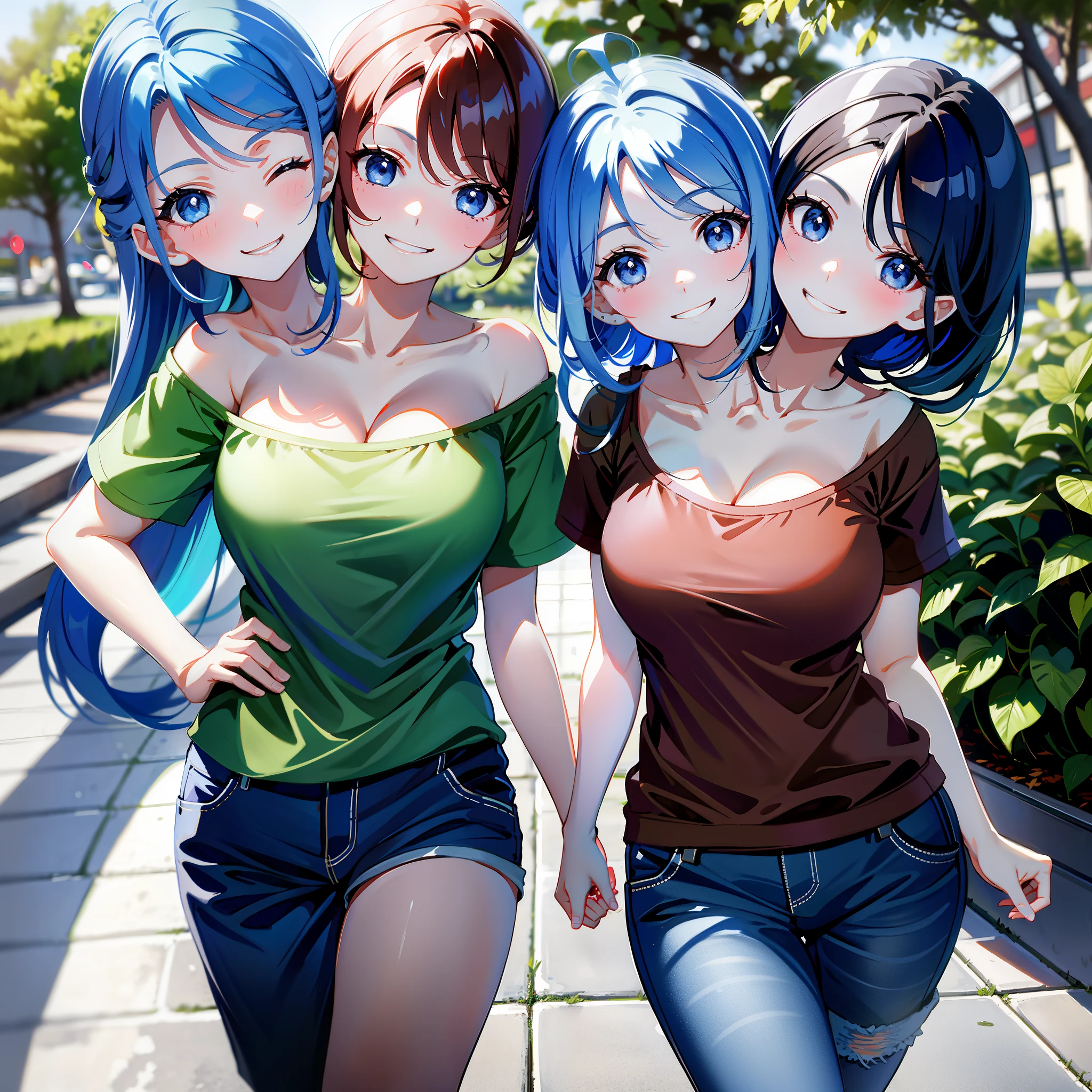 (masterpiece, best quality), best resolution, two people standing next to each other, couple pose, (1girl with 2heads and 1girl with 2heads: 1.5), (1girl has brown hair and blue eyes:1.3), (1girl has blue hair and brown eyes:1.3), eyes closed for left girl head, casual clothes, different fashions, t-shirts, short pants, arms behind each other's backs, smiling, happy, love, walking down a sidewalk, suburb
