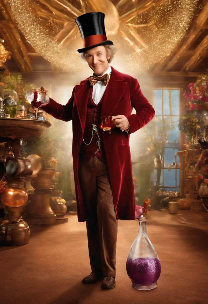 A whimsical photo of a new invention, the Fizzy Lifting Drink, bubbling and fizzing in a crystal-clear glass bottle.,Charlie and the Chocolate Factory,Willy Wonka, the eccentric chocolate factory owner in Roald Dahl’s novel and its film adaptations, is known for his flamboyant and whimsical style. He typically sports a top hat, a brightly colored, tailored suit, and a bow tie, embodying his quirky and unconventional character. Wonka’s attire often includes a cane and whimsical accessories that add to his mysterious and playful persona. His bright eyes and enigmatic smile contribute to his charismatic yet unpredictable appearance.