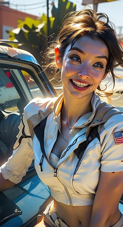 Astronaut style white and gold trim bikini zipper open (breast) and clear helmet, dark short wavy hair, with a group of soldiers behind her, beautiful sci-fi art, beautiful smile, waiting for a kiss, turning and looking at the camera, space warrior, sunrise over solar punk city, stoner rock, mars invasion, epic album art cover, sexy movie photo, cinemascope panorama, high stylized and 1940’s poster, cosmic style, 8k cinematic, golden ratio, cosmic mayhem, light particles, wet look, golden hour, realistic, masterpiece, highest quality, lens flare, shade, bloom, [[chromatic aberration]]