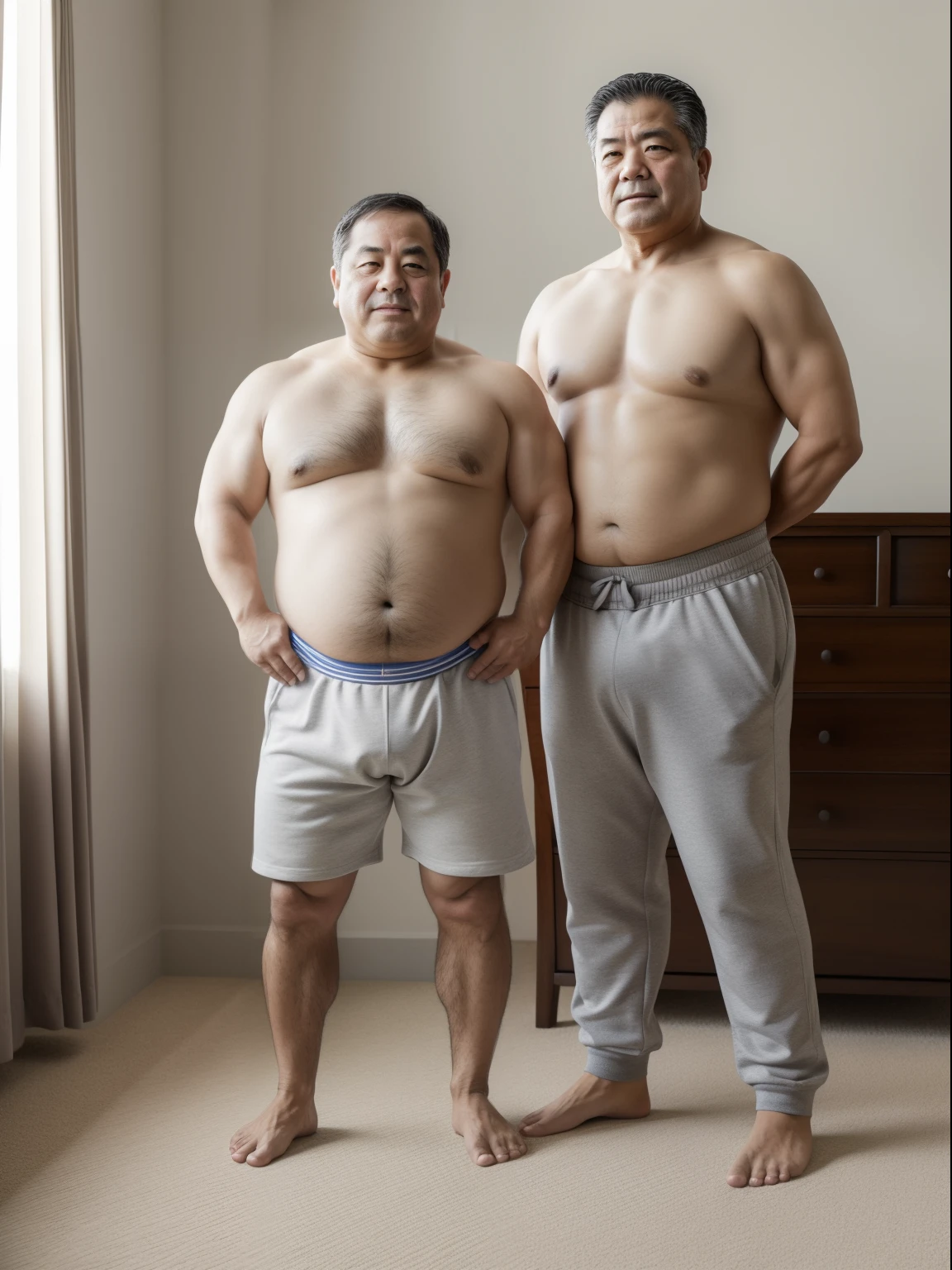 Thick Japan middle-aged man in his 50s, 1man, dwarfism, Standing look down with shrugs, hands between legs, waddle, Bowleg, crew cut, Wearing a white Diapers, Pampers, His Light gray Sweatpants fall down to the ankles, shirtless, Bare legs, shy, tearful, sob, Bowleg, nursery school, a picture, high detail photo, Masterpiece