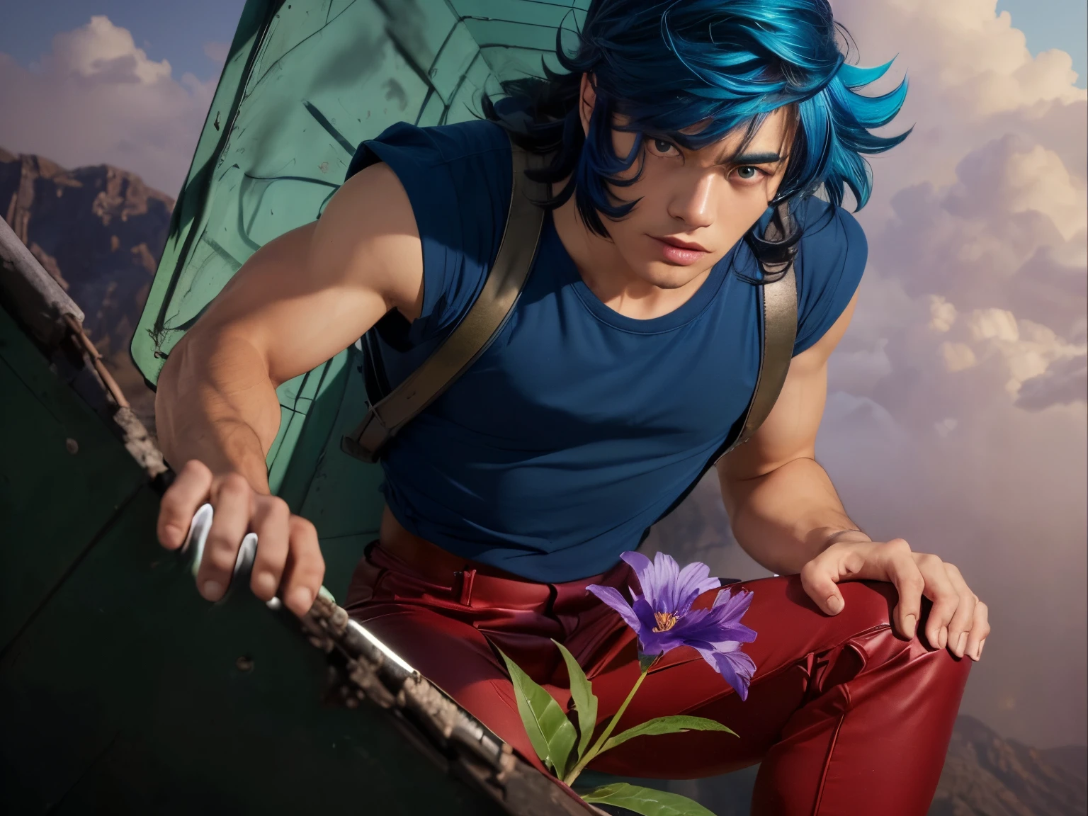 (masterpiece), (realistic), close up, (male) of 20 years old, asian (1boy), solo, slightly low view, looking to the flower, looking down, on one knee, ((handsome man), ((strong face)), ((serious face)), ((pretty big blue eyes)), ((perfect blue eyes)), (closed lips), short messy blue hair, ((bangs)), hair blowing in the air, (((beardless))), masculine blue t-shirt, red pants, leather shoulder straps, (((metallic Chrome box on his back))), ((metallic silver box)), looking a ((purple flower in the soil)) (first plain), (stem and green leaves), looking the flower, mountains surrounded by mists background, cinematic lighting.