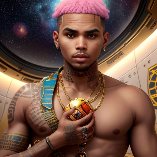 Chris Brown with Egyptian tattoo writing golden Egyptian clothes inside a space station looking at planet Earth with his hands holding planet Earth in his hands as if it were a basketball in a glass dome and the pink beast with thorns and blood running between the fingers that hold her,com tatuagem no rosto do personagem ultra detalhes,face and hand with detailed hands