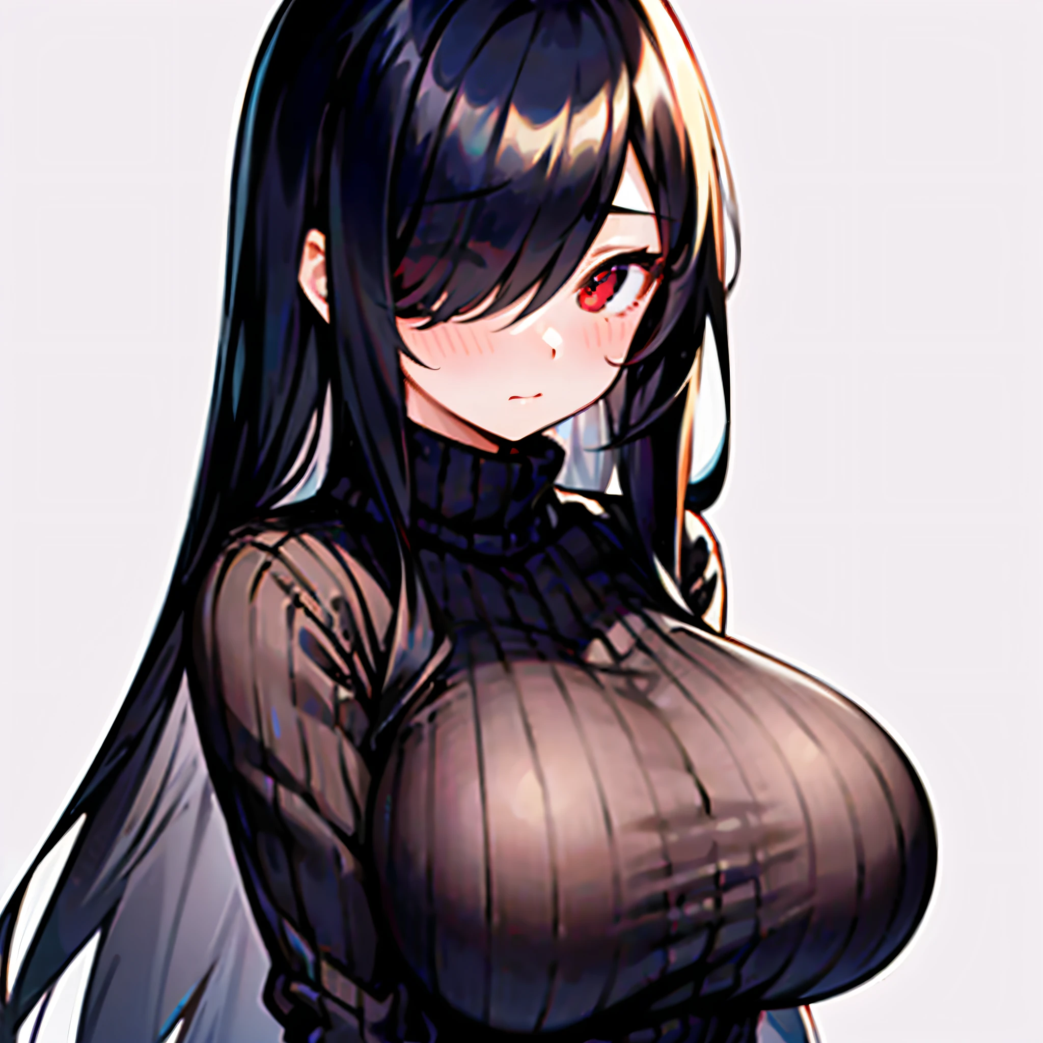1girl, long black hair, hair over one eye, red eyes, big breasts, black ribbed sweater, blush, shy, solo, best quality, masterpiece, portrait, simple background, looking at the camera, from the front, 1result, vibrant, detailed, perfect anatomy, detailed art, high definition, 4k, high resolution