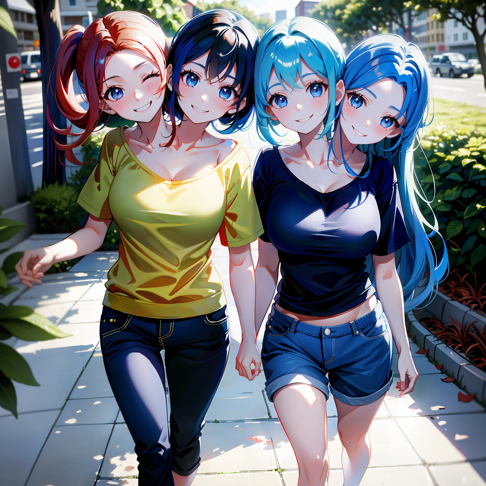 (masterpiece, best quality), best resolution, two people standing next to each other, couple pose, (1girl with 2heads and 1girl with 2heads: 1.5), (1girl has brown hair and blue eyes:1.3), (1girl has blue hair and brown eyes:1.3), eyes closed for left girl head, casual clothes, different fashions, t-shirts, short pants, arms behind each other's backs, smiling, happy, love, walking down a sidewalk, suburb