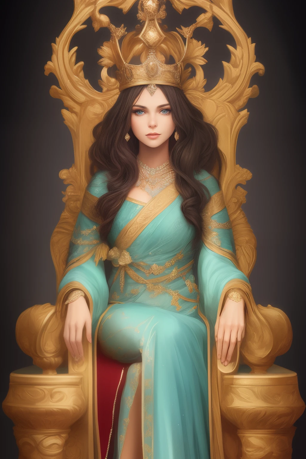 a queen, blue eyes and slightly wavy hair, wearing a jeweled queen dress and crown, sitting on the queen's chair, fantasy character