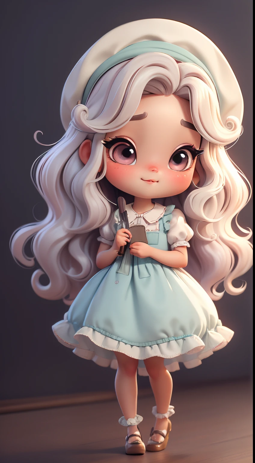 Create a series of chibi style dolls with a cute vintage chic theme, each with lots of detail and in an 8K resolution. All dolls should follow the same solid background pattern and be complete in the image, mostrando o (corpo inteiro, incluindo as pernas: 1.5)
Boneca Aprendiz de Bruxa: Chame-a de Mia. She must have medium wavy pastel hair. Seus olhos devem ser grandes e curiosos, with long eyelashes and slightly pinkish cheeks. Mia should be dressed in a colorful dress and a polka-dot blouse and a delicate and beautiful hat. She should hold delicate and thin accessories. Add details like pockets and ruffles to the apron to make it even more charming, sapato bonito
Certifique-se de adicionar sombras, texturas e detalhes nos cabelos, roupas, Cute Halloween utensils, to make them even more adorable and charming.