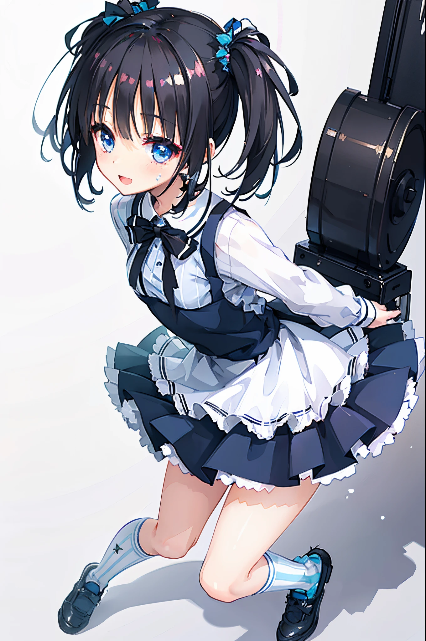 One girl,Black hair,Twin-tailed,Blue ta Clothes,Striped socks,blushed face,Smile with open mouth,Top image quality,Best Quality