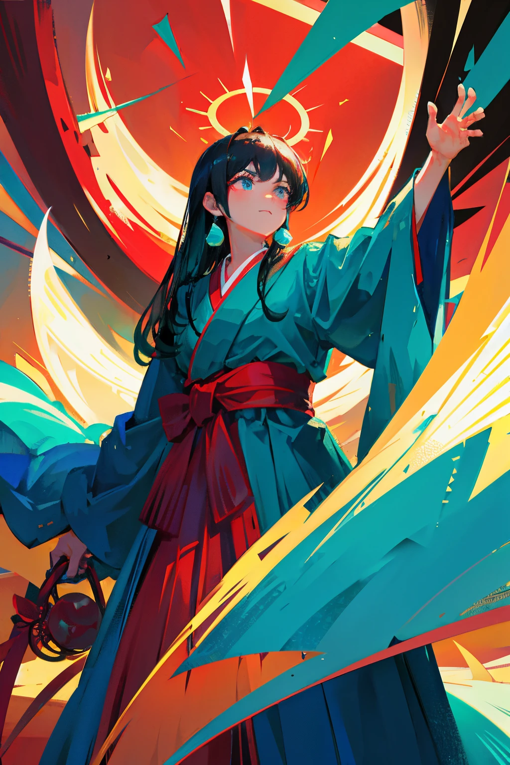 A dark-haired, Drinks in hand, hairaccessories, Long hair, Looking Up, Hakama, Cyan background、Red torii gate