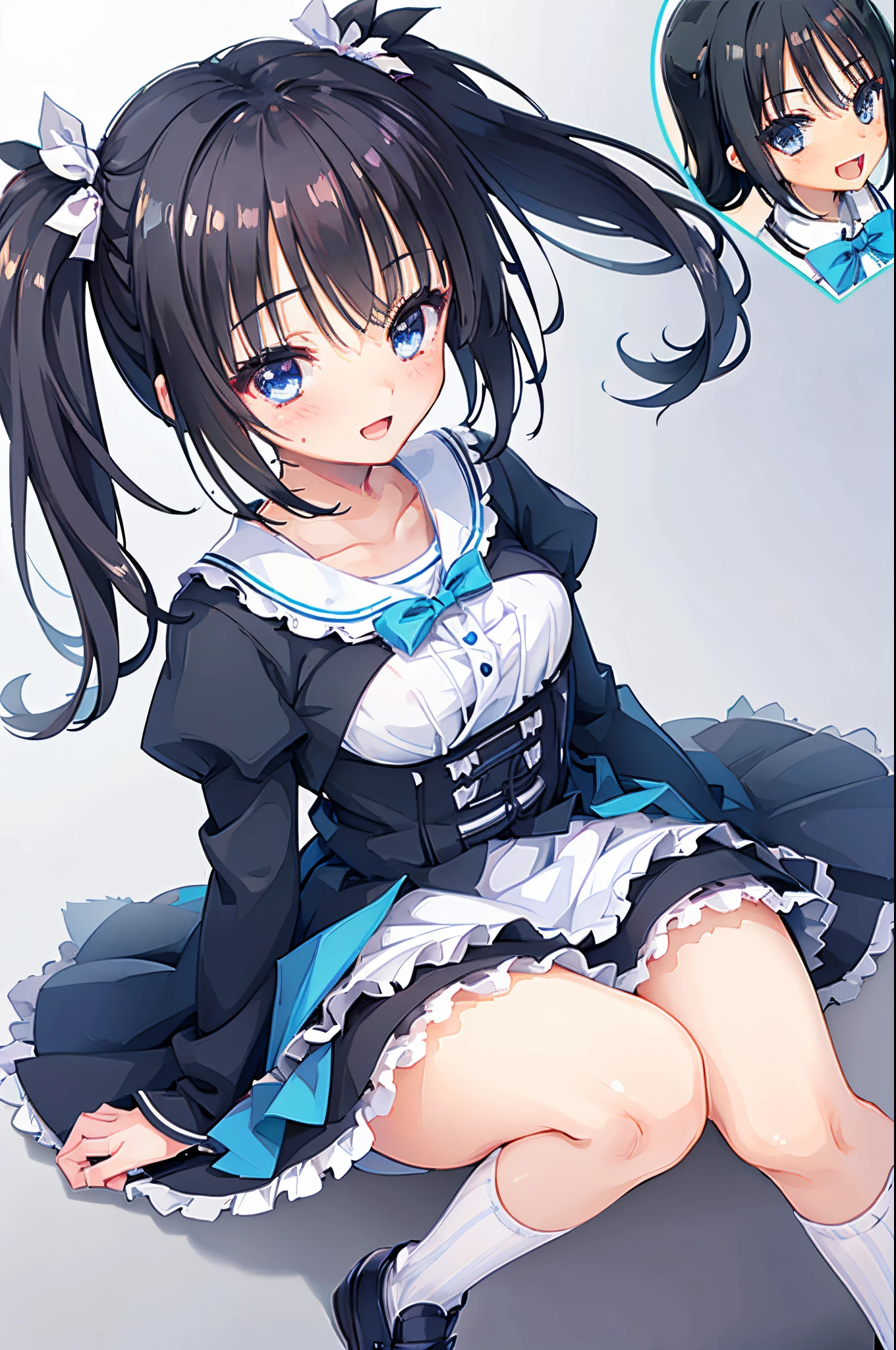 Highest quality、Very delicate and beautiful、8-year-old 、Flat Chest,Primary school students、Black-haired、光沢のあるブラックFrillsドレス,Princess,(Large panties edged with shiny lace),Frills,Gothic style,garter belt,Lace Stockings,Royal Family、Kurkuru Twin Tail、Laughter、Happy,(((Panties looking up from directly below))),Frills