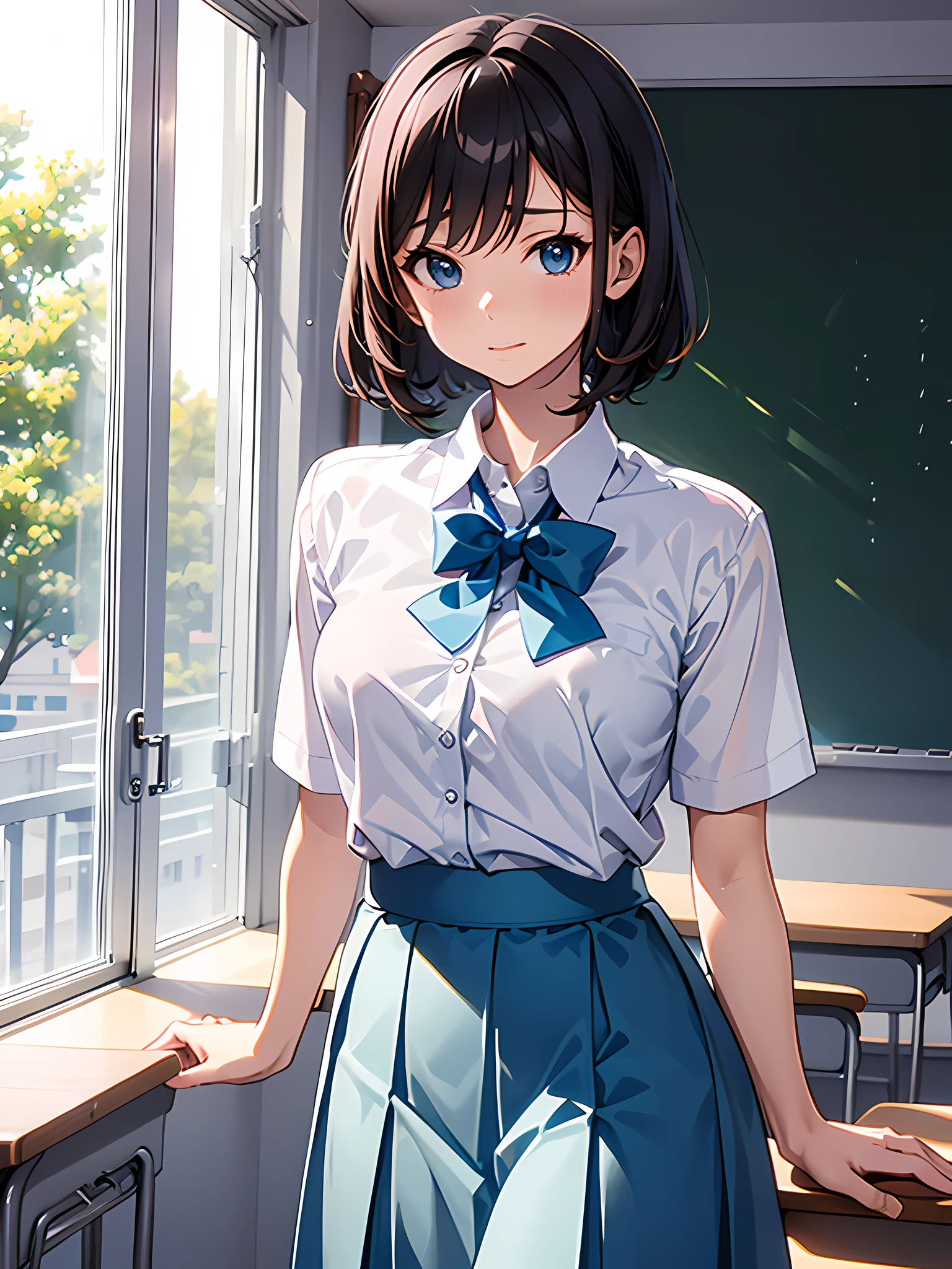 naughty woman, , wearing uniform, light blue skirt, long skirt, wearing shirt, close up, classroom, school, anime, anime movie