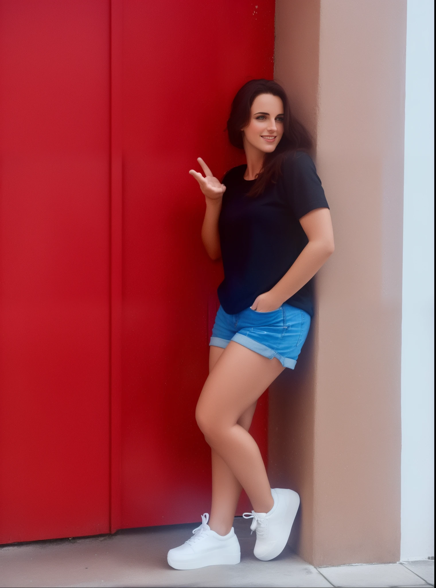 Woman in front of a red door with her hand raised, encostado na porta, no fundo vermelho, vestindo shorts vermelhos, Parede vermelha, Posando!!, humor vermelho no fundo, encostado na parede, leaning against the wall, photo shoot, vestindo bermuda e camiseta, fazendo uma pose atrevida, full body photogenic shot, posing like a statue