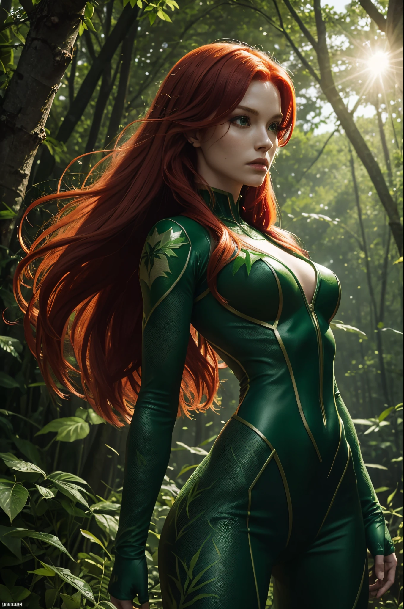 POISON IVY ( DC COMICS ), GREEN SUIT, DETAILED SUIT, LONG SUIT, RED HAIR, LONG RED HAIR, ATHLETIC BODY, GREEN TIARA, TREES, BODY WRAPPED BY PLANTS, PLANTS, POWERS, SUN LIGHTS, FORREST, HIGH DETAILED IMAGE, MASTER PIECE, SENSUALITY, STAND FIGHT POSITION, FRONTAL PERSPECTIVE, SUN