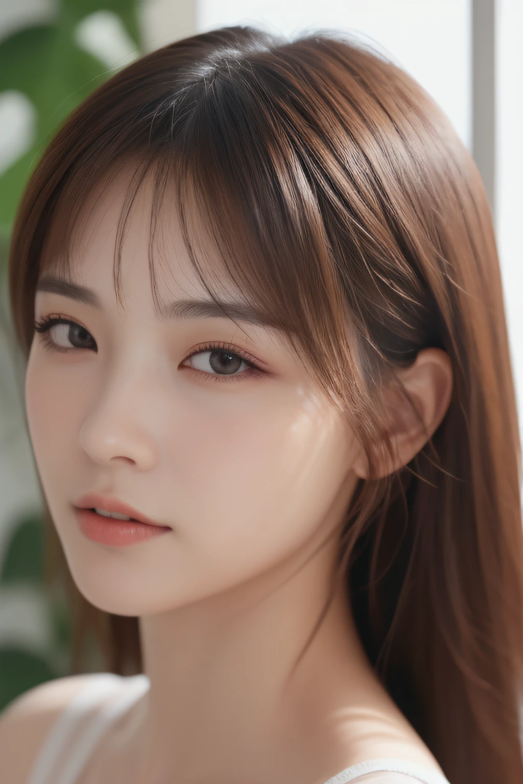 ((top quality, 8k, masterpiece: 1.3)), Sharp Focus: 1.2, Beautiful woman in perfect style, wearing a swimsuit sitting in bed: 1.4, perfect eyes, perfect iris, perfect lips, perfect teeth, perfect skin, no moles, water droplets on face, slender abs: 1.2, ((dark brown hair, big: 1.2)), (natural light, balcony: 1.1), highly detailed face and skin texture, detailed eyes, double eyelids,