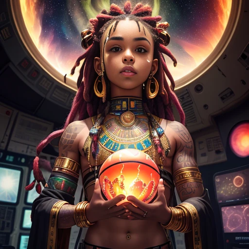 Chris Brown with dreadlocks Egyptian tattoo writing golden Egyptian clothes inside a space station looking at planet Earth with his hands holding planet Earth as if it were a basketball in a glass dome and the pink beast with spikes and blood running down between the fingers that hold her,com tatuagem no rosto do personagem ultra detalhes,face and hand with detailed hands, beautiful details and cores of the universe and northern lights