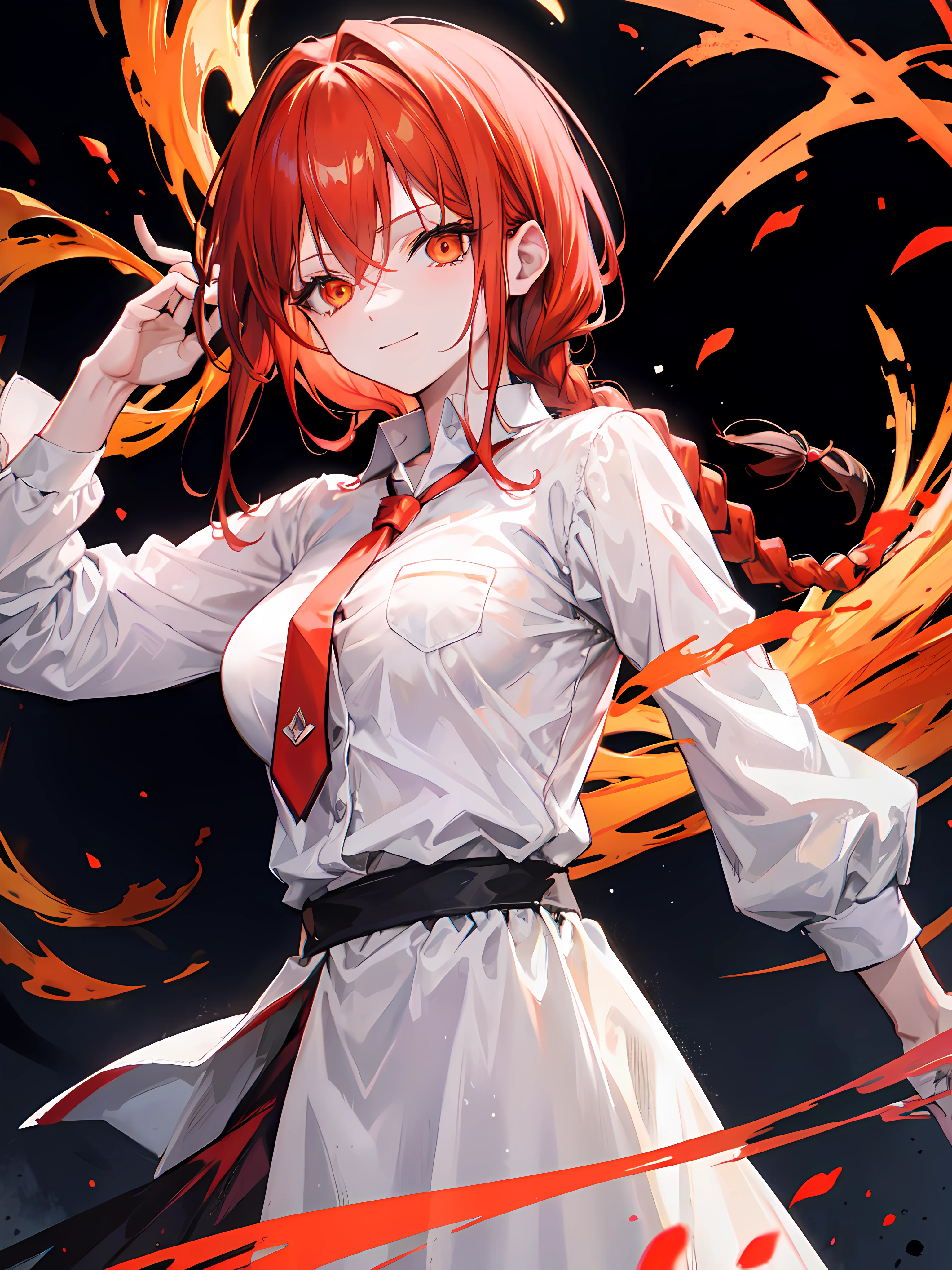 makima (chainsaw man), best quality, ultra detailed, 1girl, solo, standing, red hair, long braided hair, golden eyes, bangs, medium breasts, white shirt, necktie, stare, smile, (evil:1.2), looking at viewer, (interview:1.3), (dark background), from below, sharp contrast , gorgeous detailed eyes, focus , close up shot , glowing orange eyes,front view