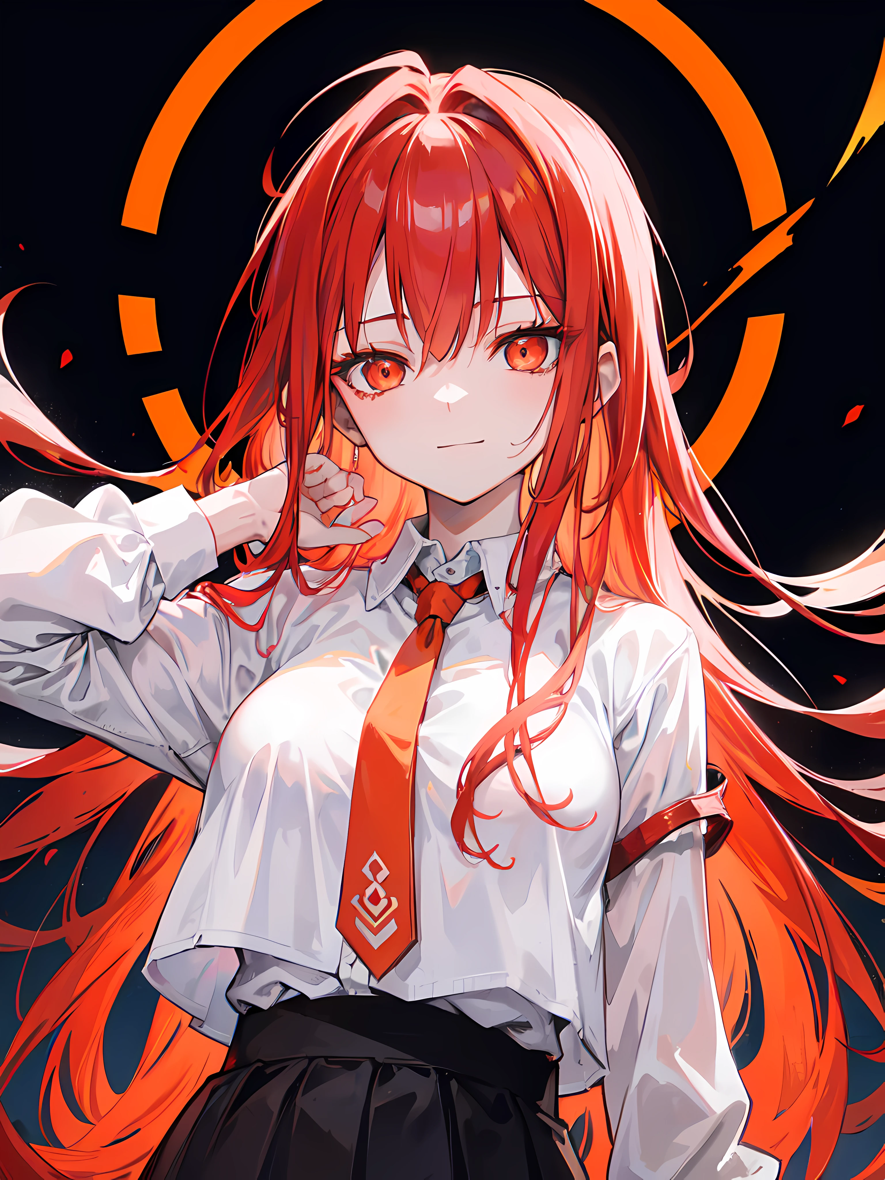 makima (chainsaw man), best quality, ultra detailed, 1girl, solo, standing, red hair, long braided hair, golden eyes, bangs, medium breasts, white shirt, necktie, stare, smile, (evil:1.2), looking at viewer, (interview:1.3), (dark background), from below, sharp contrast , gorgeous detailed eyes, focus , close up shot , glowing orange eyes,front view