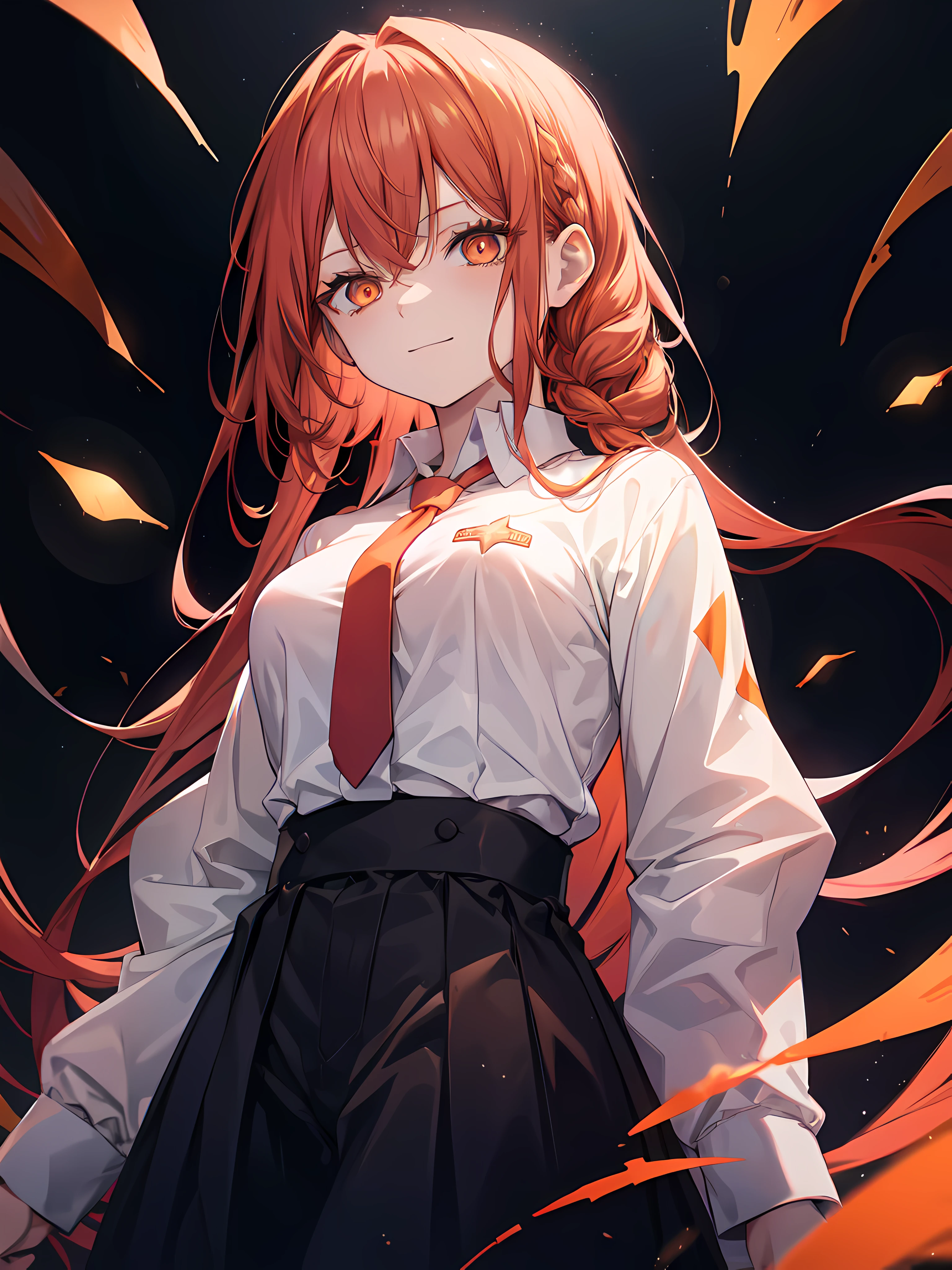 makima (chainsaw man), best quality, ultra detailed, 1girl, solo, standing, red hair, long braided hair, golden eyes, bangs, medium breasts, white shirt, necktie, stare, smile, (evil:1.2), looking at viewer, (interview:1.3), (dark background), from below, sharp contrast , gorgeous detailed eyes, focus , close up shot , glowing orange eyes,front view