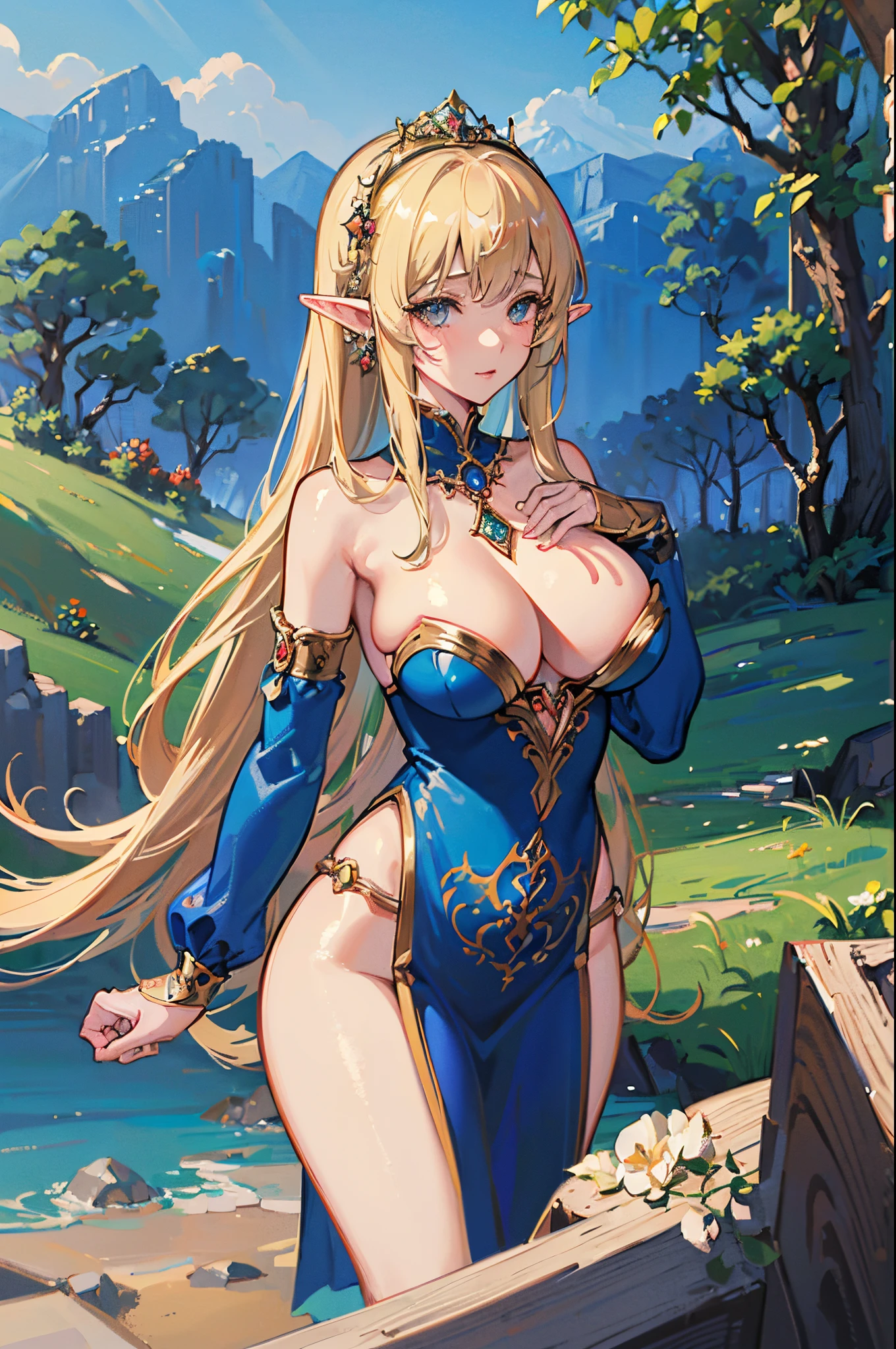 (((Masterpiece))),(((Best quality))),(((Amazing detail))),((illustration)),((A high resolution)),((8K)),((Anatomically correct)), alluring anime elf princess , fluffy big chest, erect visible nipples, thicc, ((a beautiful fantasy empress)), ornate bikini armor, elf girl, blonde goddess, elf princess, nsfw version