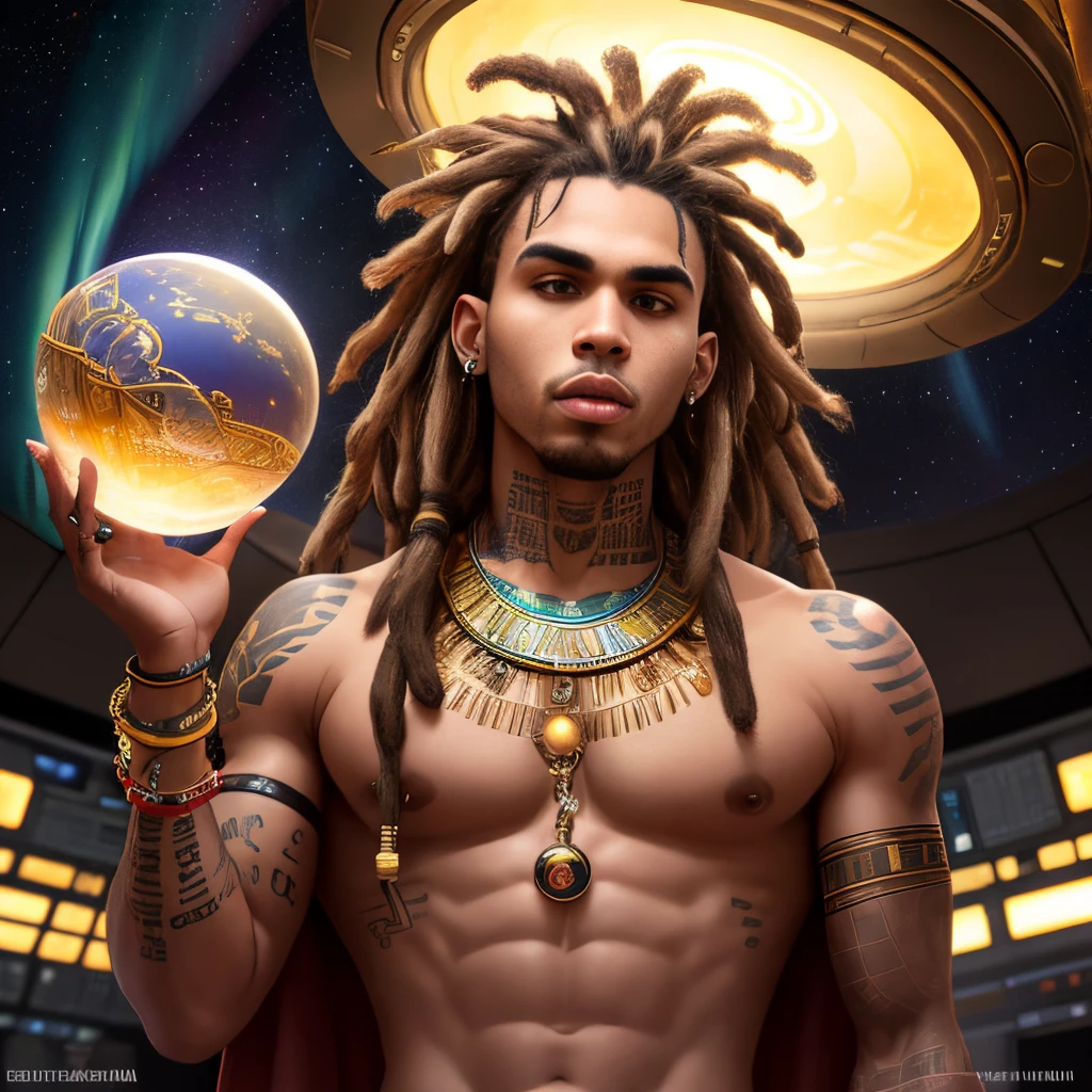 Chris Brown with dreadlocks Egyptian tattoo writing golden Egyptian clothes inside a space station looking at planet Earth with his hands holding planet Earth as if it were a basketball in a glass dome and the pink beast with spikes and blood running down between the fingers that hold her,com tatuagem no rosto do personagem ultra detalhes,face and hand with detailed hands, beautiful details and cores of the universe and northern lights