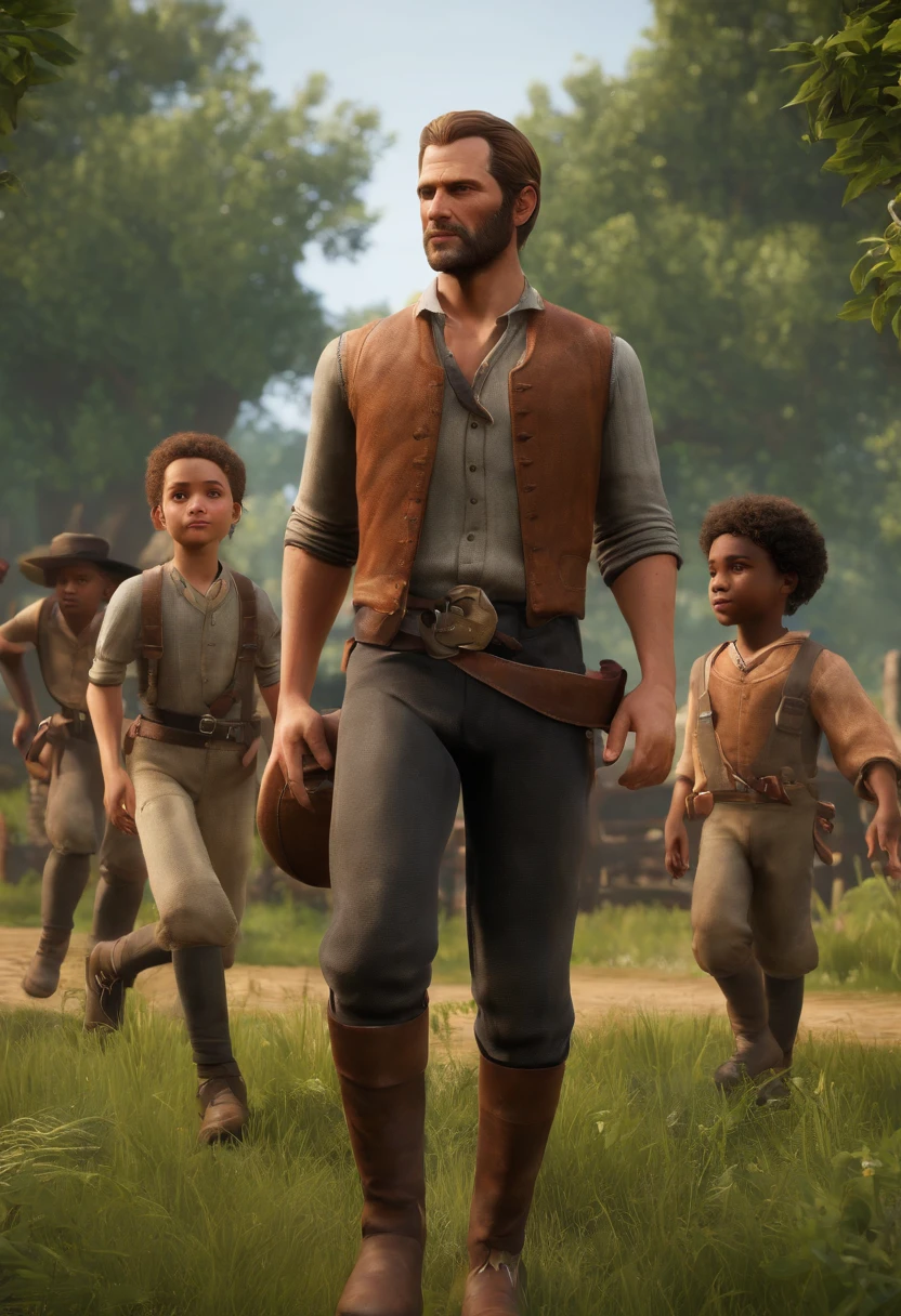 The image is of a group of children playing soccer in a makeshift field surrounded by lush greenery.,Red Dead Redemption 2,Arthur is a tall 36 year old human male with a stocky build. He is 6'3, weighing roughly 230lbs. He had light skin, green eyes, thick brown hair that is kept in a swept back style, and no visible scars aside from a small one on his chin.