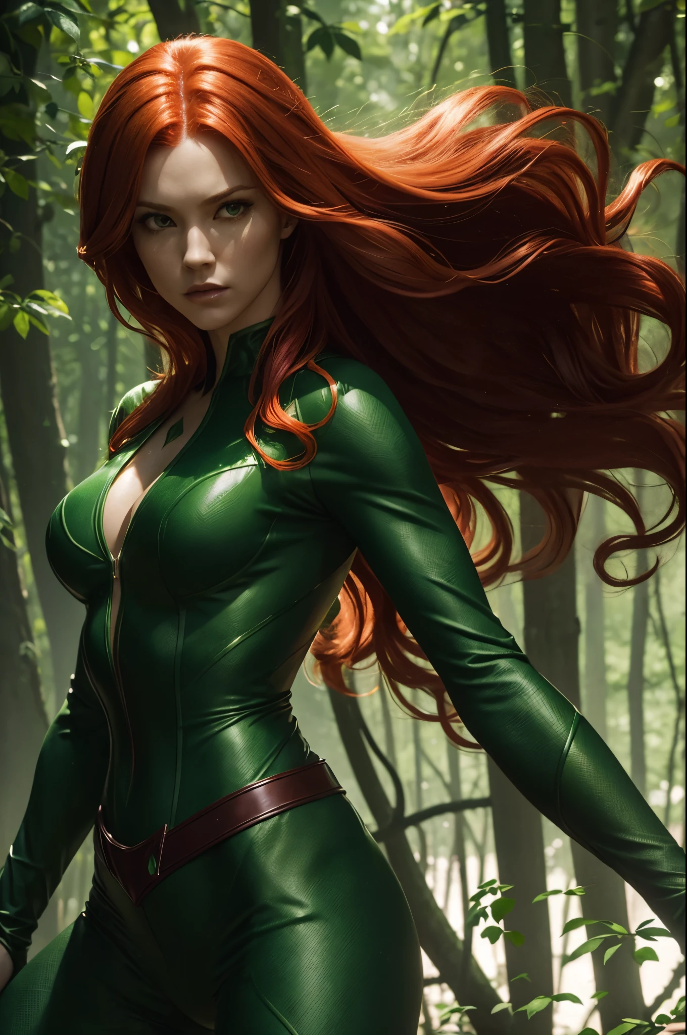 POISON IVY ( DC COMICS ), GREEN SUIT, DETAILED SUIT, LONG SUIT, RED HAIR, LONG RED HAIR, ATHLETIC BODY, GREEN TIARA, TREES, BODY WRAPPED BY PLANTS, PLANTS, POWERS, SUN LIGHTS, FORREST, HIGH DETAILED IMAGE, MASTER PIECE, SENSUALITY, STAND FIGHT POSITION, FRONTAL PERSPECTIVE, SUN