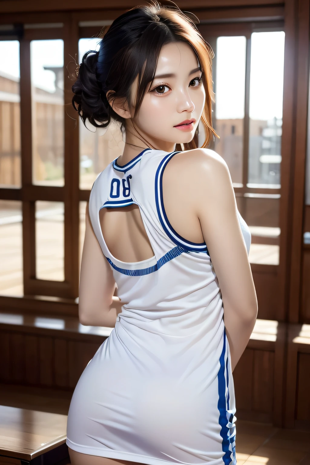 Dress up、(Photo Real:1.4)、(A hyper-realistic:1.4)、(Photorealistic:1.3)、 (Gentle lighting: 1.05)、(Improve video lighting quality:0.9)、32 k、 1girl in、20 years girl、photorealistic lighting、Back lighting、Facial Lights、raytrace、(Bright:1.2)、(Increase quality:1.4)、 (Top quality real texture skins)、Fair eyes,A delicate and delicate face、 (tired and sleepy and satisfied : 0.0), Close-up of the face, Basketball Uniform : 1.3, (Bodyline mood improvement:1.1)、Glossy skin、porn star、韓国アイドル、乃木坂アイドル、Sculpture Idol Pose、Beautiful actress、Neat and clean woman、full bodyesbian, and spread the legs apart