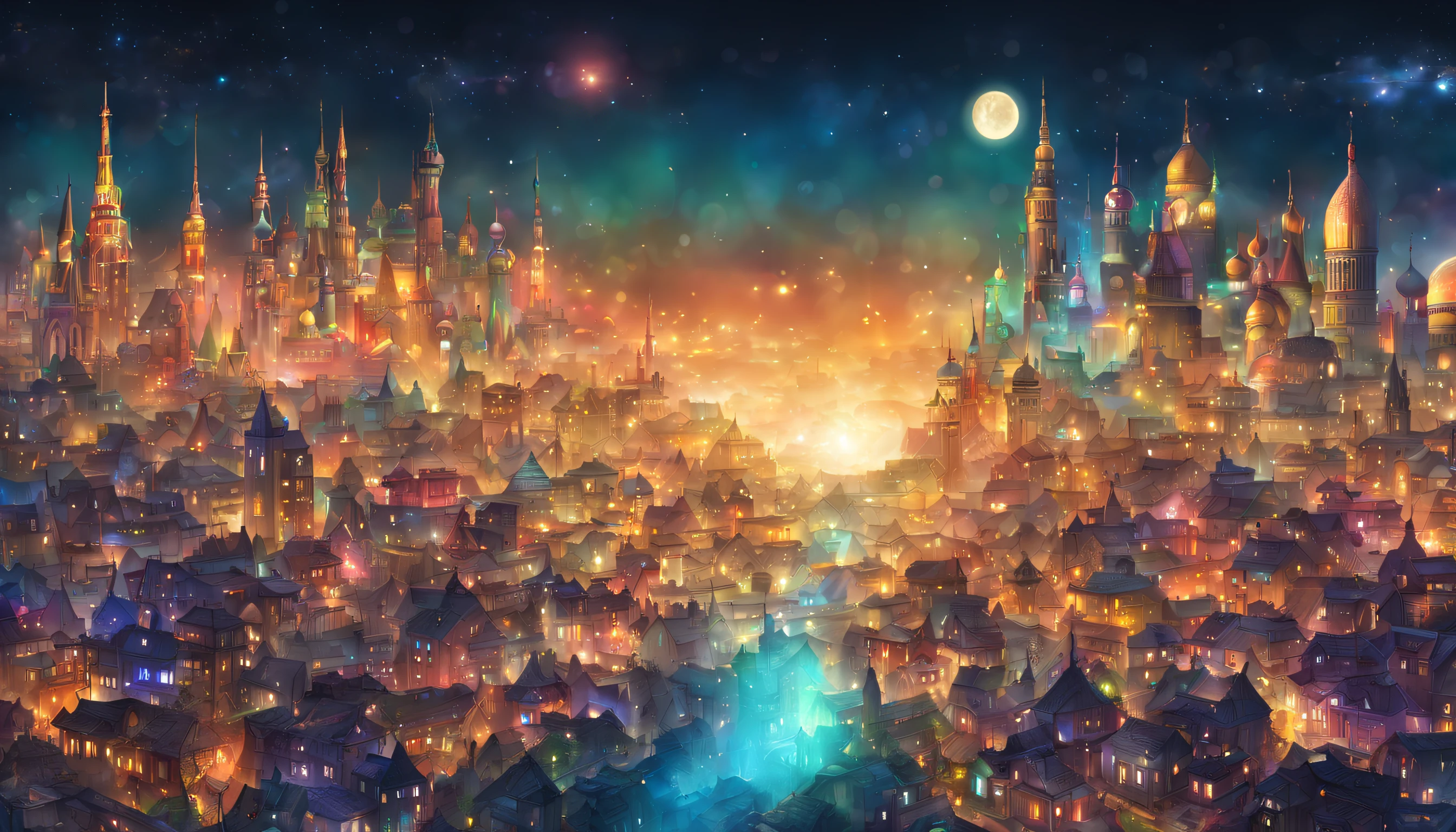 (horizontal) magical city, beautiful, shiny, color