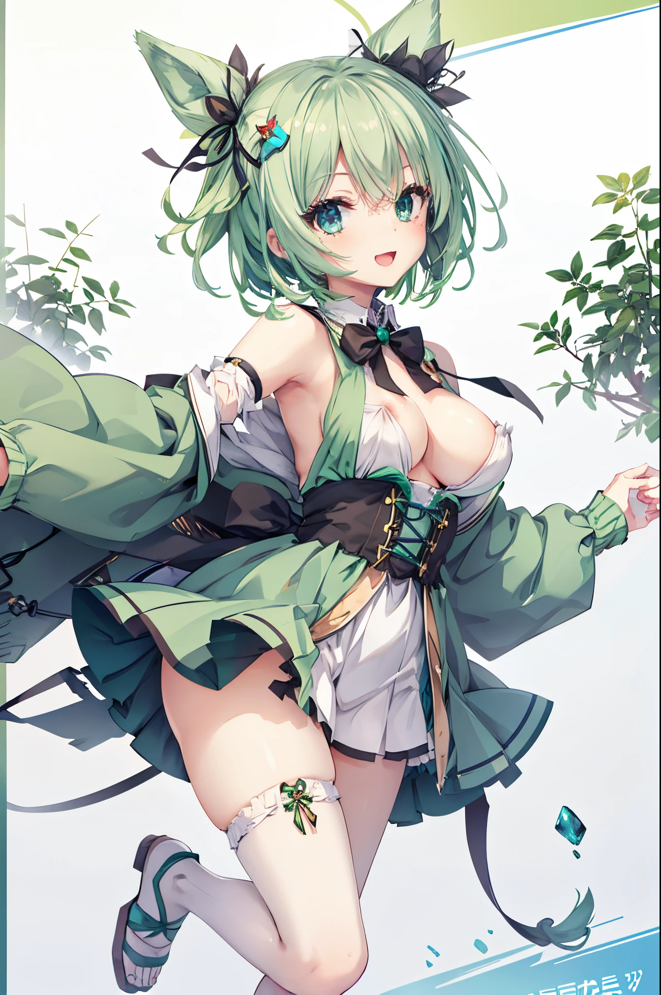  girl,Colossal tits,Smile with open mouth,short green hair,Bunny Costume,Whip thighs,hair adornments,Heterochromia,Blue and green eyes,Top image quality,Best Quality